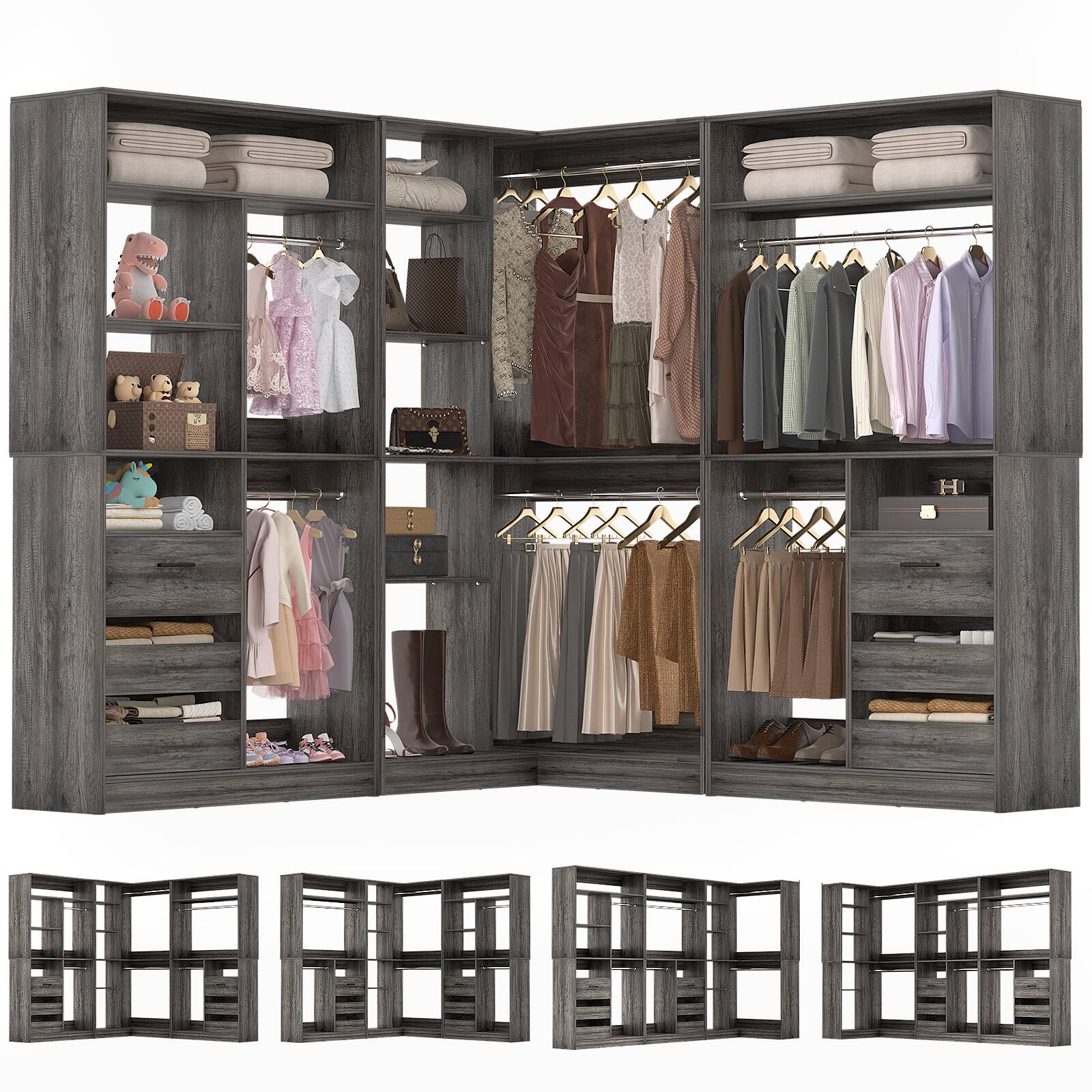Front. Aheaplus - 6-9 FT L-Shaped Walk-In Closet with 6 Drawers, 6 Hanging Rods & Open Shelves, Heavy Duty Bedroom Wardrobe - Gray Oak.