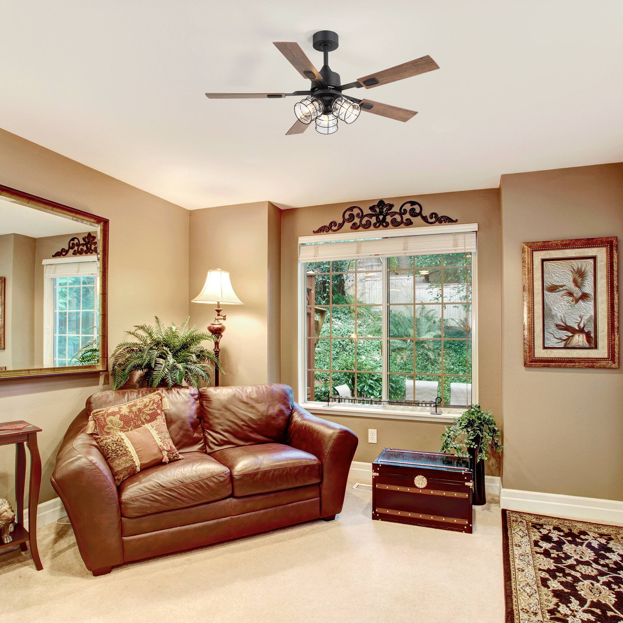 Back. Breezary - 52 Inch Ceiling Fan with 5 Dual-Finish Plywood Blades, DC Motor, 6-Inch Downrod, 6-Speed Remote Control & Timer - Matte Black and Dark Wood Grain + Light Wood Grain.