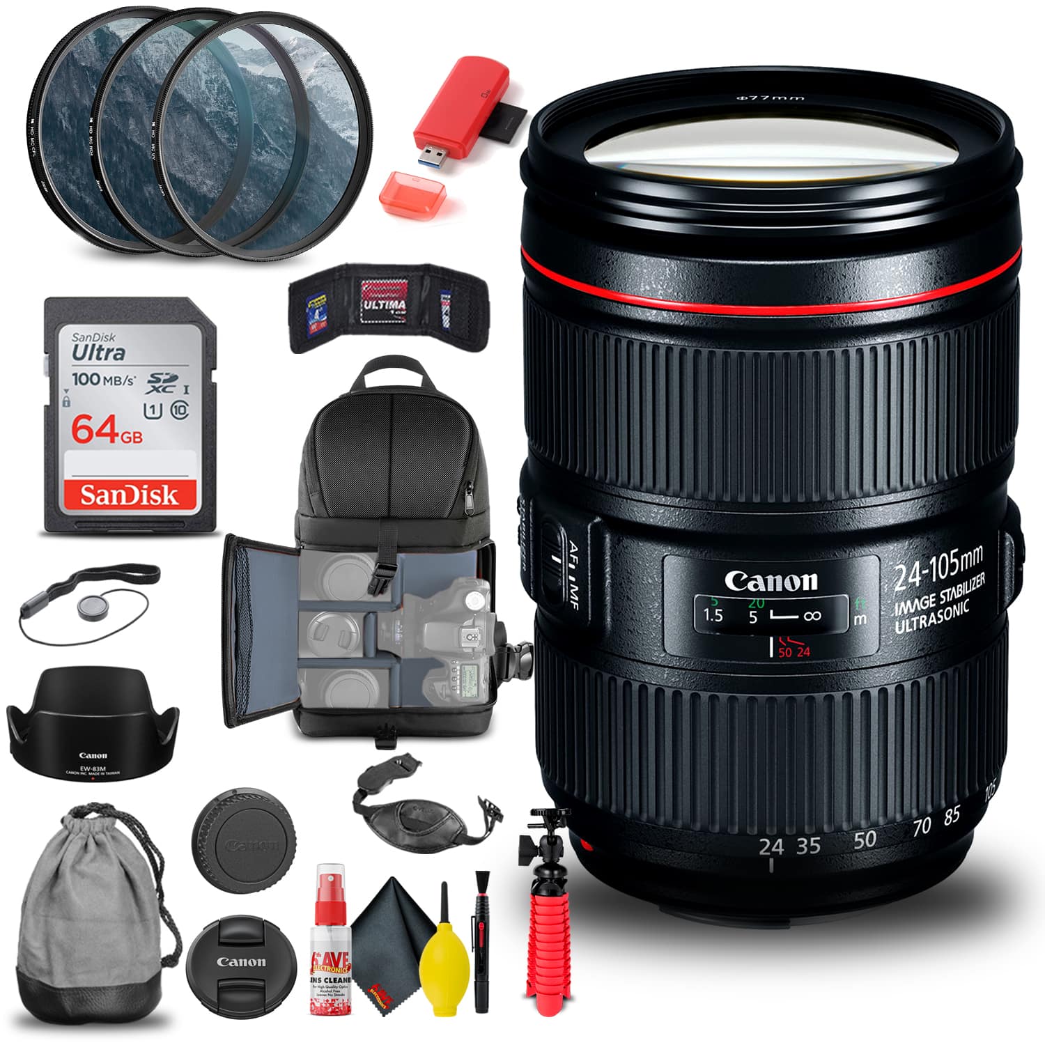 Canon - EF 24-105mm f/4L IS II USM Lens (1380C002) + Filter Kit + BackPack Starter Bundle - Black