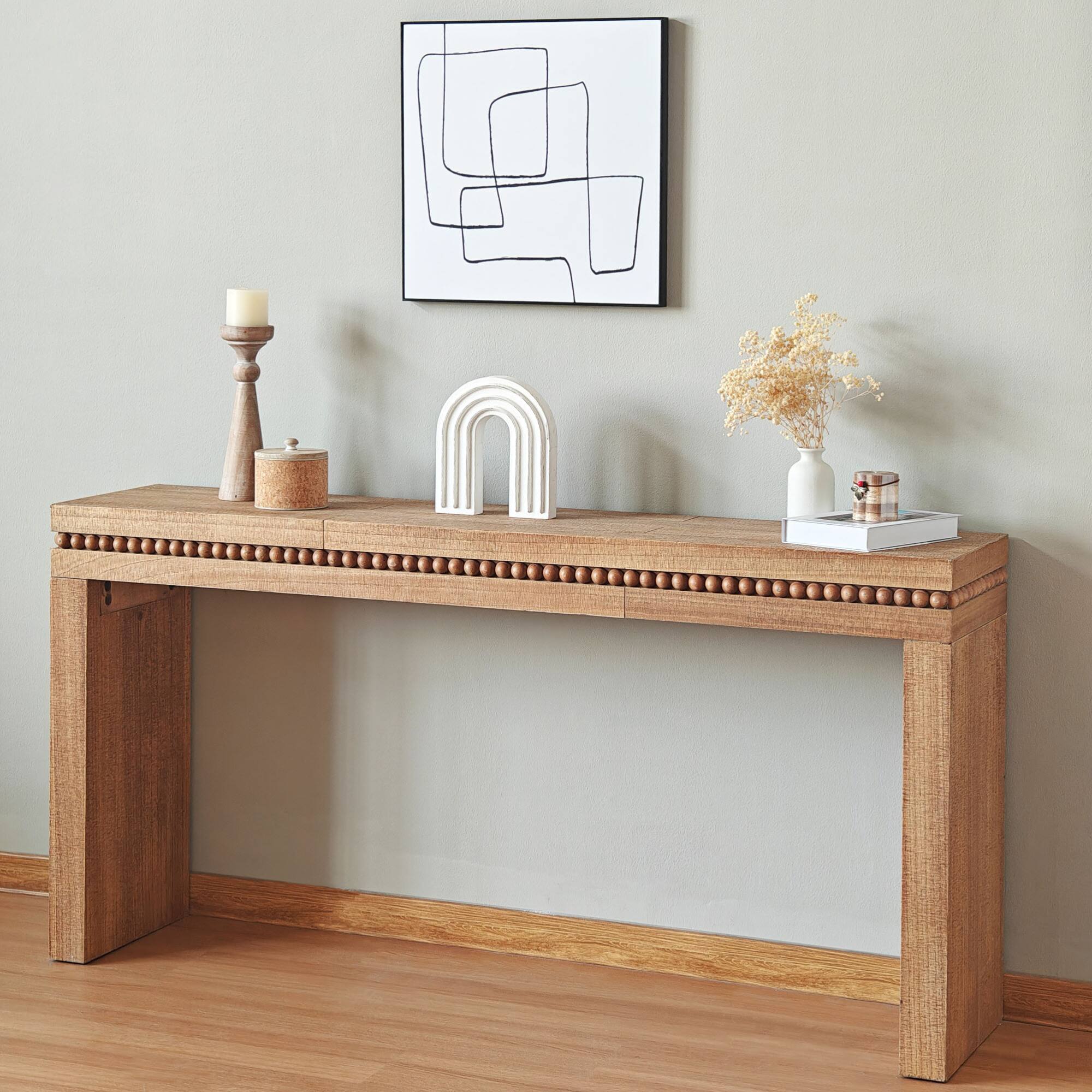 Angle. GOODSILO - Modern Wooden Console Table with Decorative Beaded Trim for Entryway and Living Room - Antique Natural.