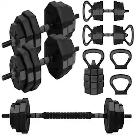 SereneLife - SQUATZ 45/70/90 lb Octagon Adjustable Dumbbell Set, 4-in-1 with Kettlebell & Barbell - Black