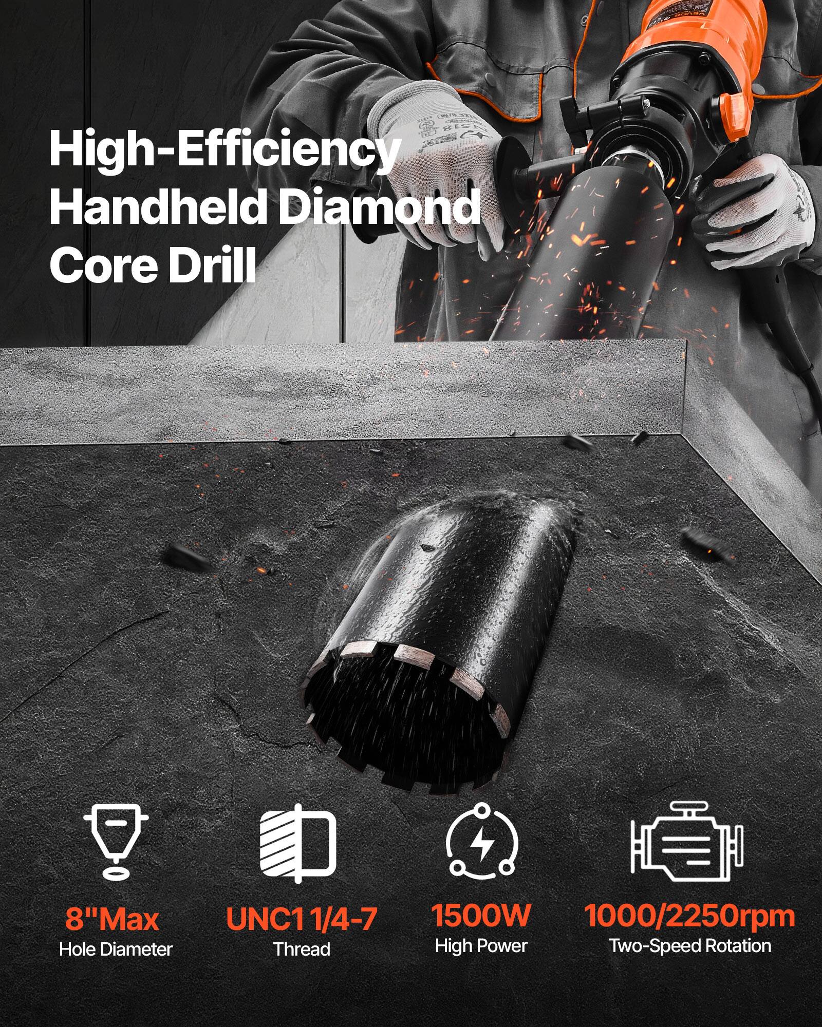 NICHA 518 High-Efficiency Handheld Diamond Core Drill

8" Max Hole Diameter

UNC1 1/4-7 Thread

1500W 1000/2250rpm High Power Two-Speed Rotation