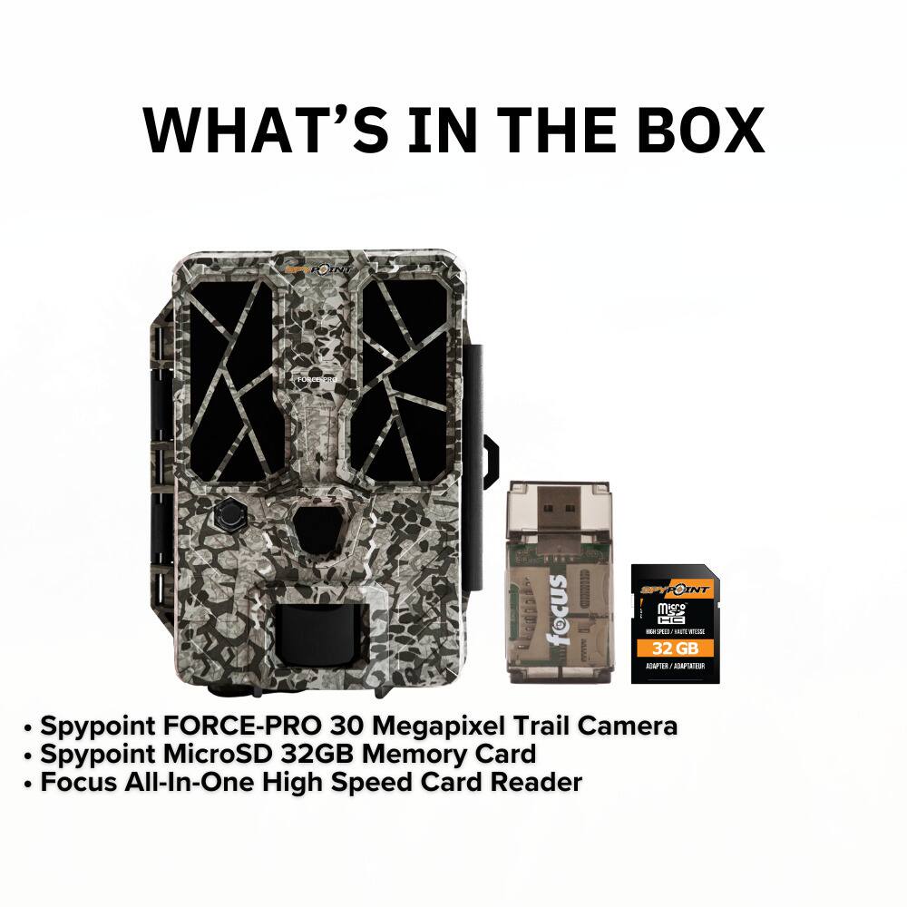 WHAT'S IN THE BOX

- SpyPoint FORCE-PRO 30 Megapixel Trail Camera
- SpyPoint MicroSD 32GB Memory Card
- Focus All-In-One High Speed Card Reader