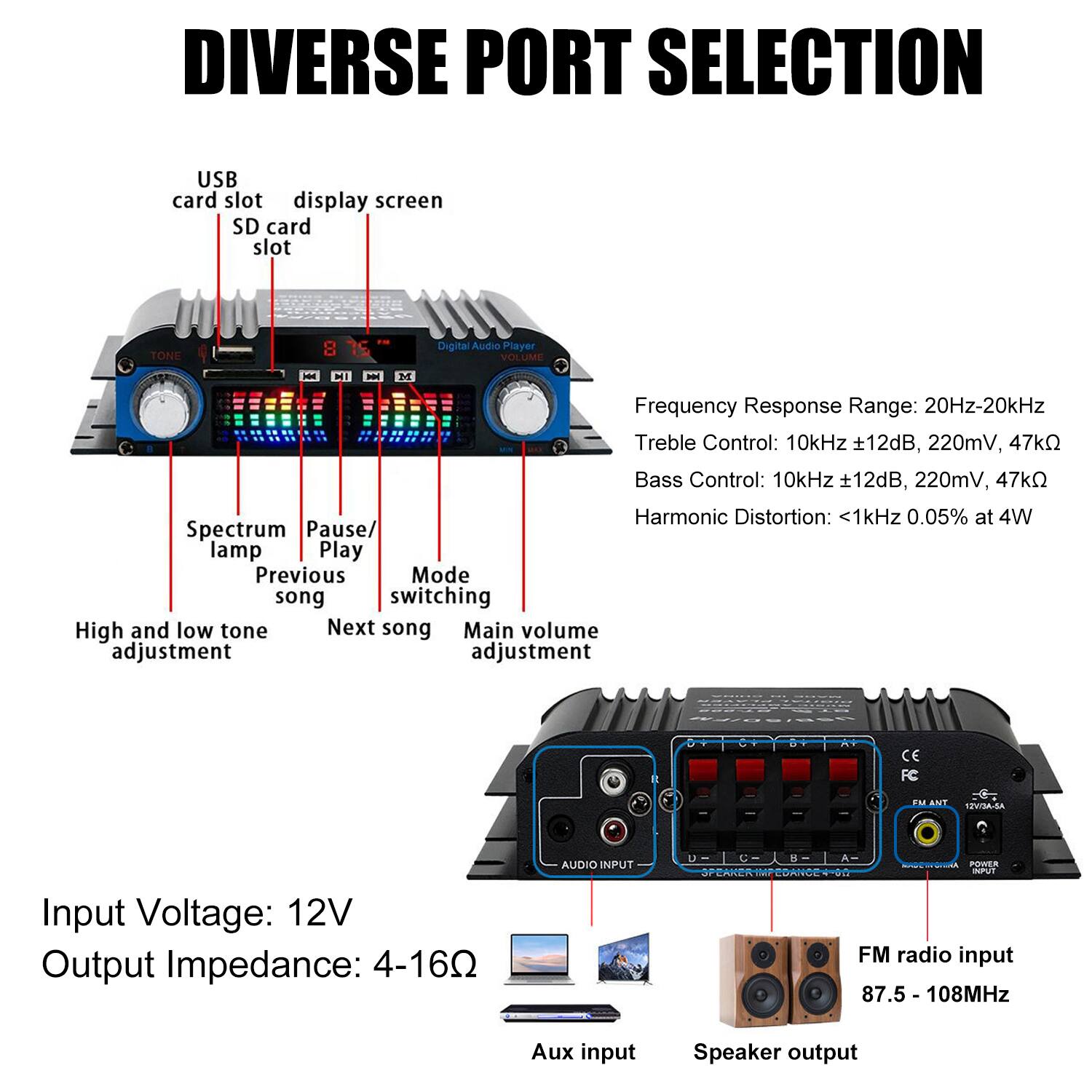 **DIVERSE PORT SELECTION**

- USB card slot
- SD card slot
- display screen

**Digital Audio Player**

- TONE
- VOLUME
- Spectrum
- Pause/ lamp
- Play
- Previous song
- Mode switching
- High and low tone adjustment
- Next song
- Main volume adjustment

**Specifications:**

- Frequency Response Range: 20Hz-20kHz
- Treble Control: 10kHz ±12dB, 220mV, 47kΩ
- Bass Control: 10kHz ±12dB, 220mV, 47kΩ
- Harmonic Distortion: <1kHz 0.05% at 4W

**Input Voltage:** 12V

**Output Impedance:** 4-16Ω

**Additional Ports:**

- AUDIO INPUT
- FM radio input: 87.5 - 108MHz
- Aux input
- Speaker output

**Certifications:**

- CE
- FC

**Power Input:** 12V/1A