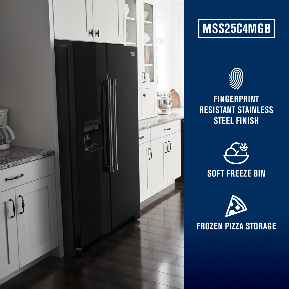 MSS25C4MGB

- FINGERPRINT RESISTANT STAINLESS STEEL FINISH
- SOFT FREEZE BIN
- FROZEN PIZZA STORAGE