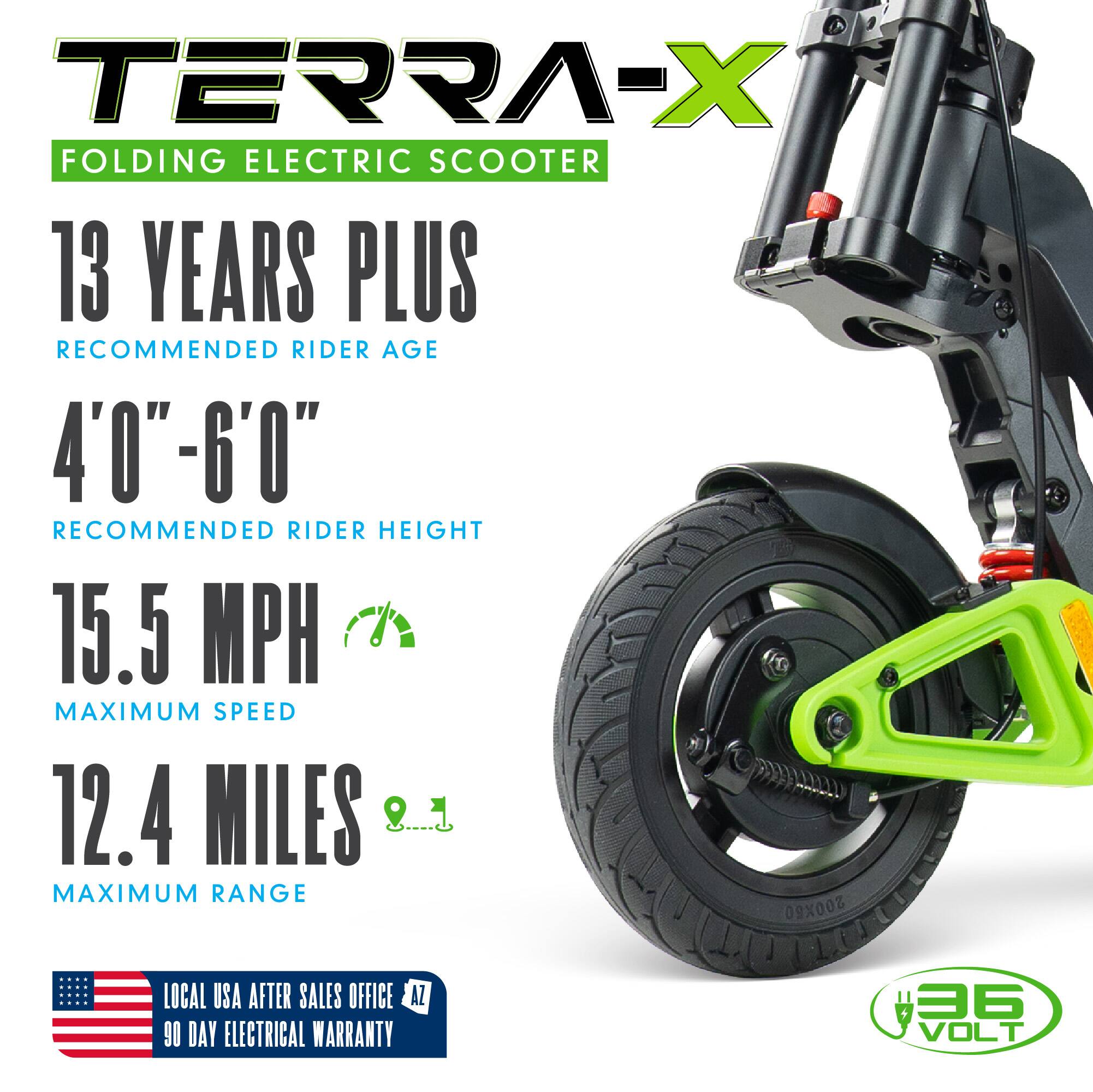 TERRA-X FOLDING ELECTRIC SCOOTER  
13 YEARS PLUS RECOMMENDED RIDER AGE  
4'0"-6'0" RECOMMENDED RIDER HEIGHT  
15.5 MPH MAXIMUM SPEED  
12.4 MILES MAXIMUM RANGE  
LOCAL USA AFTER SALES OFFICE AZ  
90 DAY ELECTRICAL WARRANTY  
36 VOLT
