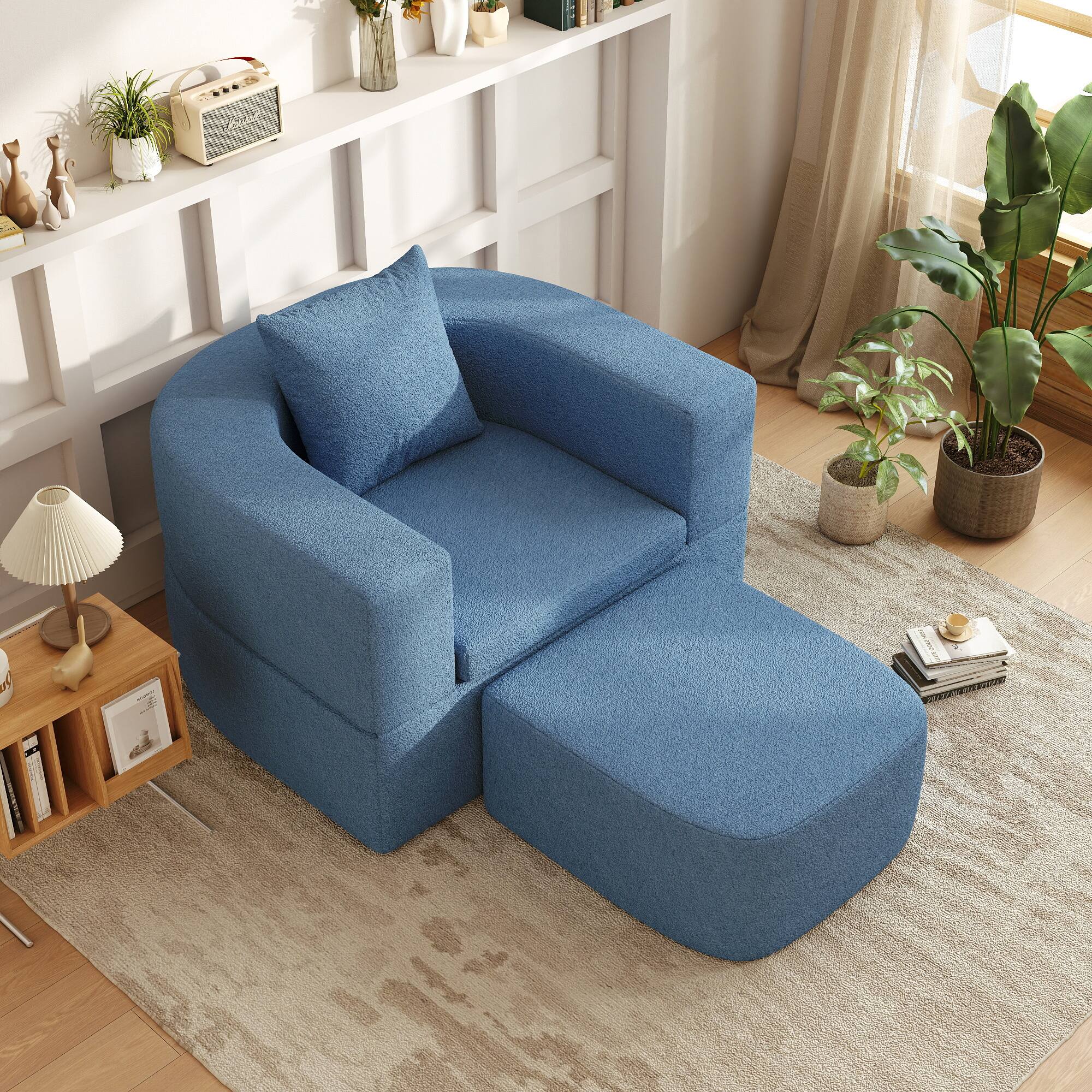 Alt View 3. Yardgrace - Boneless Sofa Chair Lounge Chair for Living Room, Modern Convertible Upholstered Sofa, Comfy Sherpa Leisure Couch - Blue.
