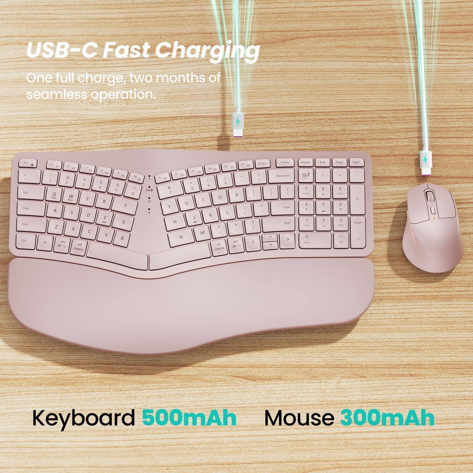 USB-C Fast Charging  
One full charge, two months of seamless operation.  

Keyboard 500mAh  
Mouse 300mAh