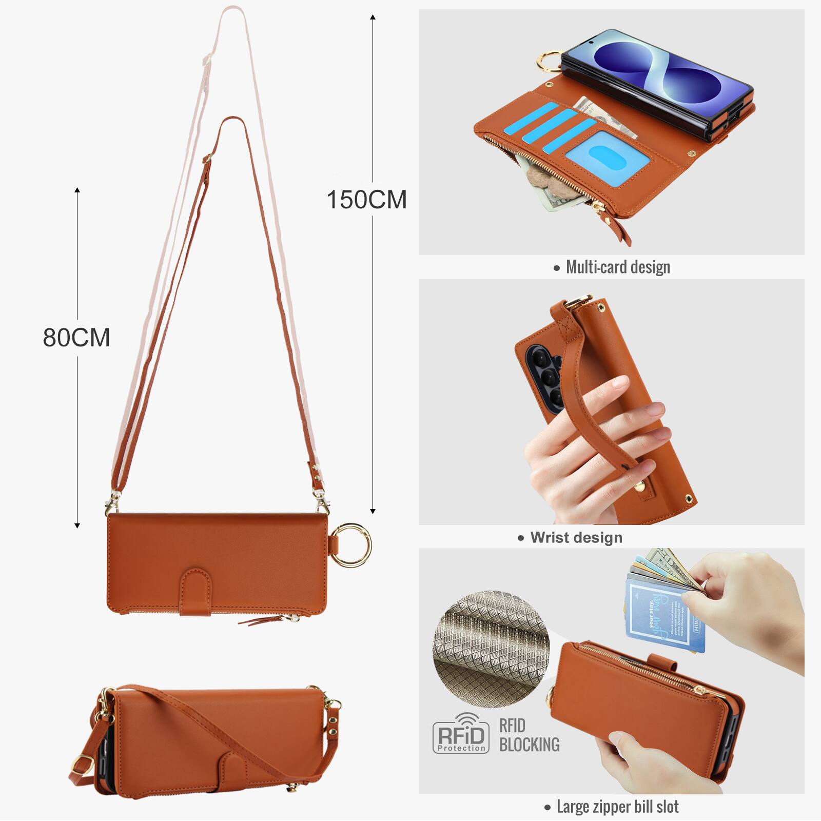 150CM  
Multi-card design  
80CM  
Wrist design  
RFID Protection BLOCKING  
Large zipper bill slot