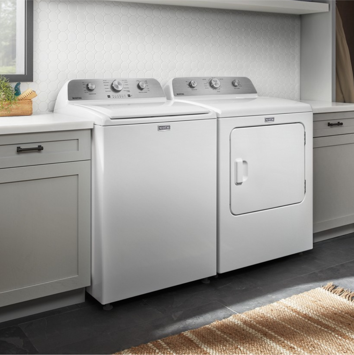 Sure, here is the corrected text:

- "MAYTAG" (on the washing machine)
- "MAYTAG" (on the dryer)