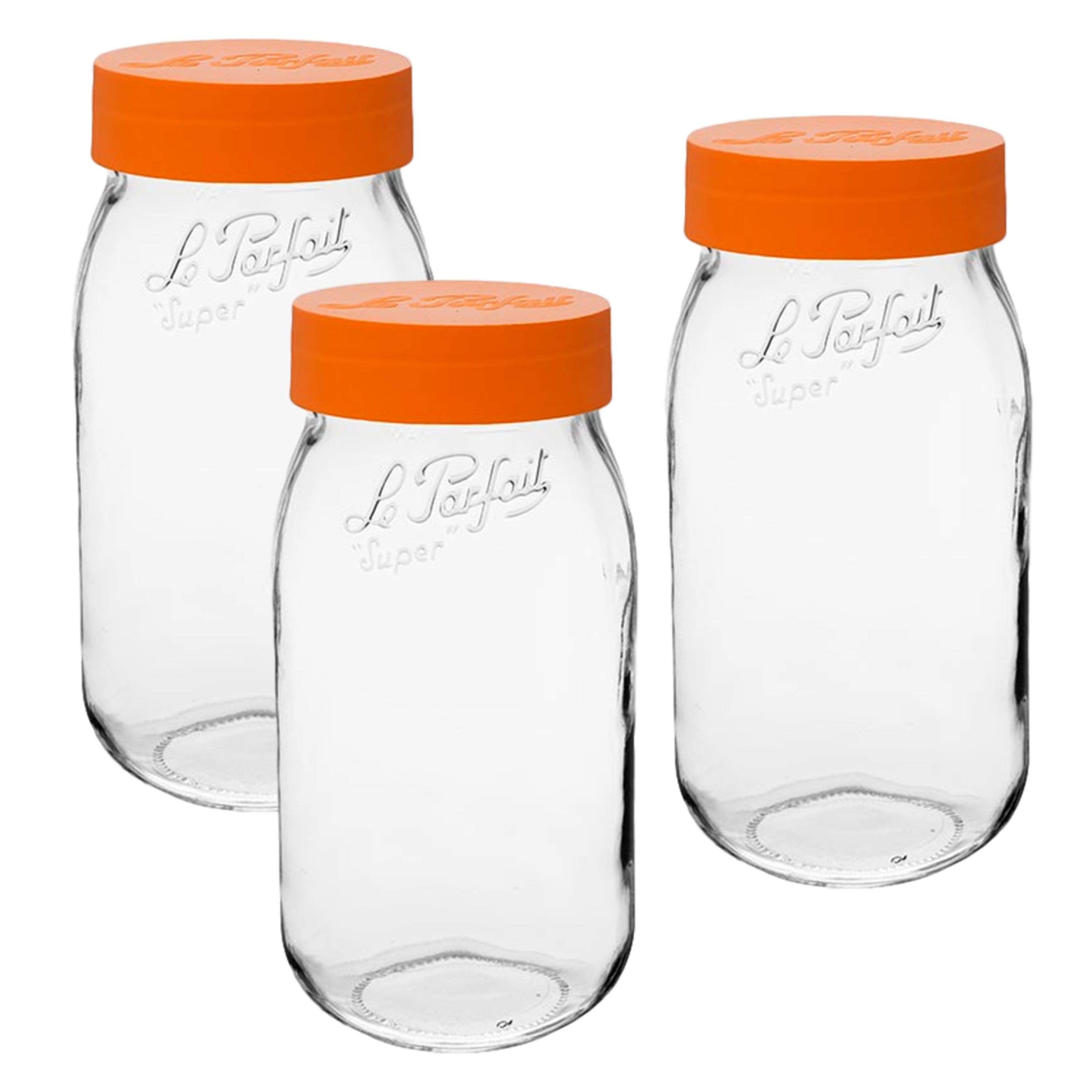 Le Parfait - Screw Top Jar - 2L Wide Mouth French Glass Canning Jar w/ Color Plastic Lid, 64oz/2 Quarts (Pack of 3) - Orange