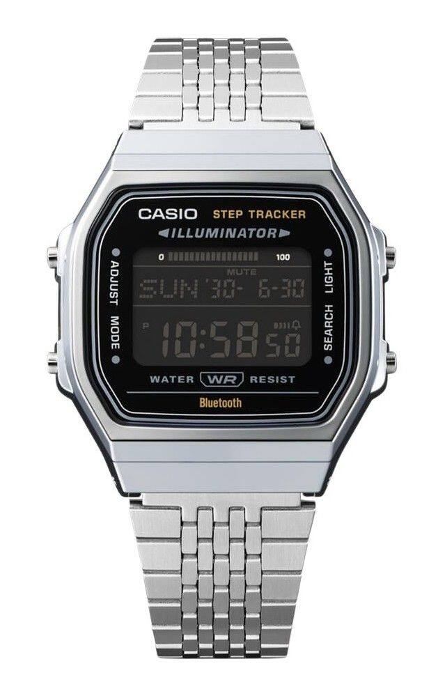 CASIO STEP TRACKER ILLUMINATOR 100 MUTE ADJUST MODE SUN 30-6-30 LIGHT SEARCH P WR RESIST 10:58 50 WATER Bluetooth