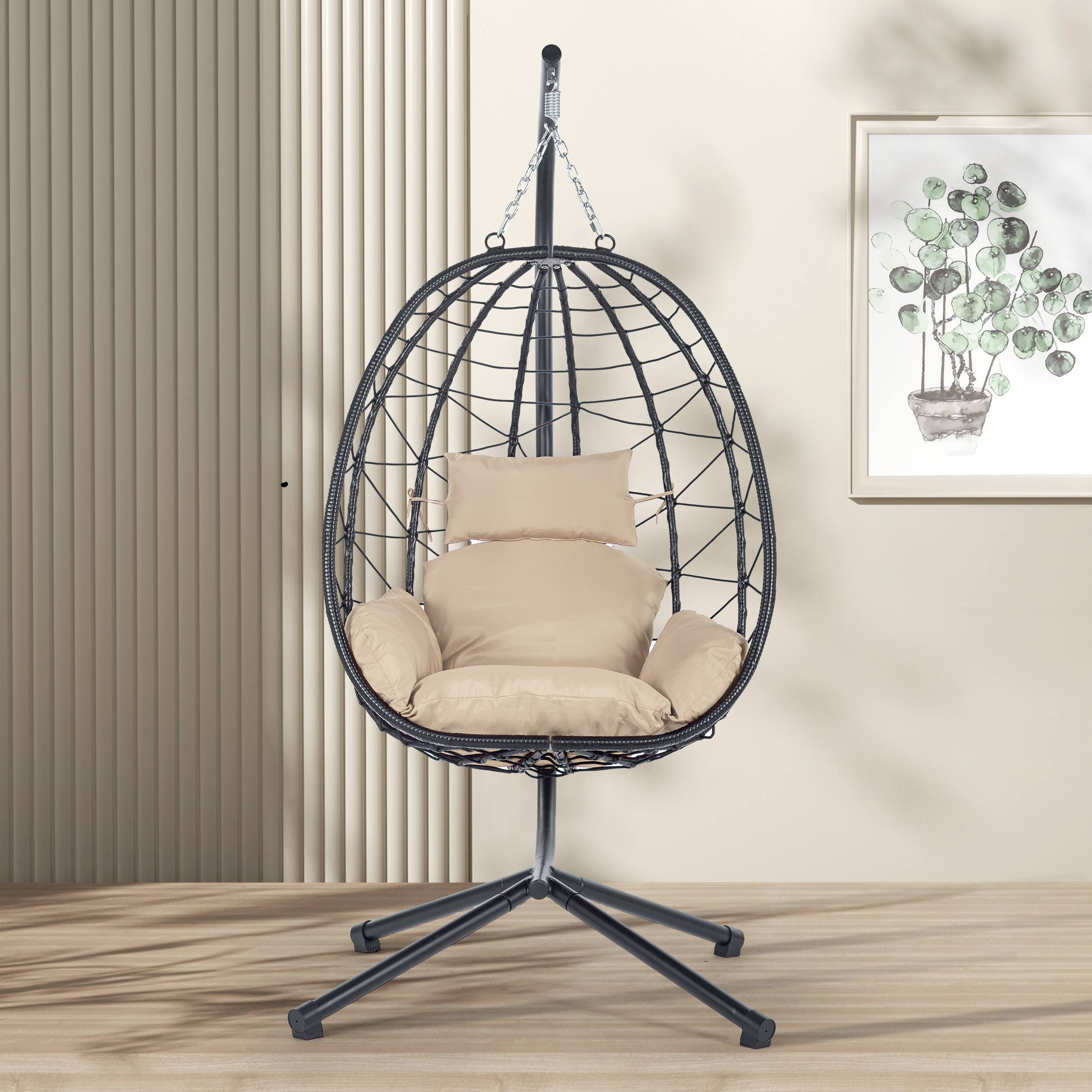 Left. Tiramisubest - Egg Chair with Stand Indoor Outdoor Swing Chair Patio Wicker Hanging Egg Chair for Bedroom,Living Room,Balcony - Beige.