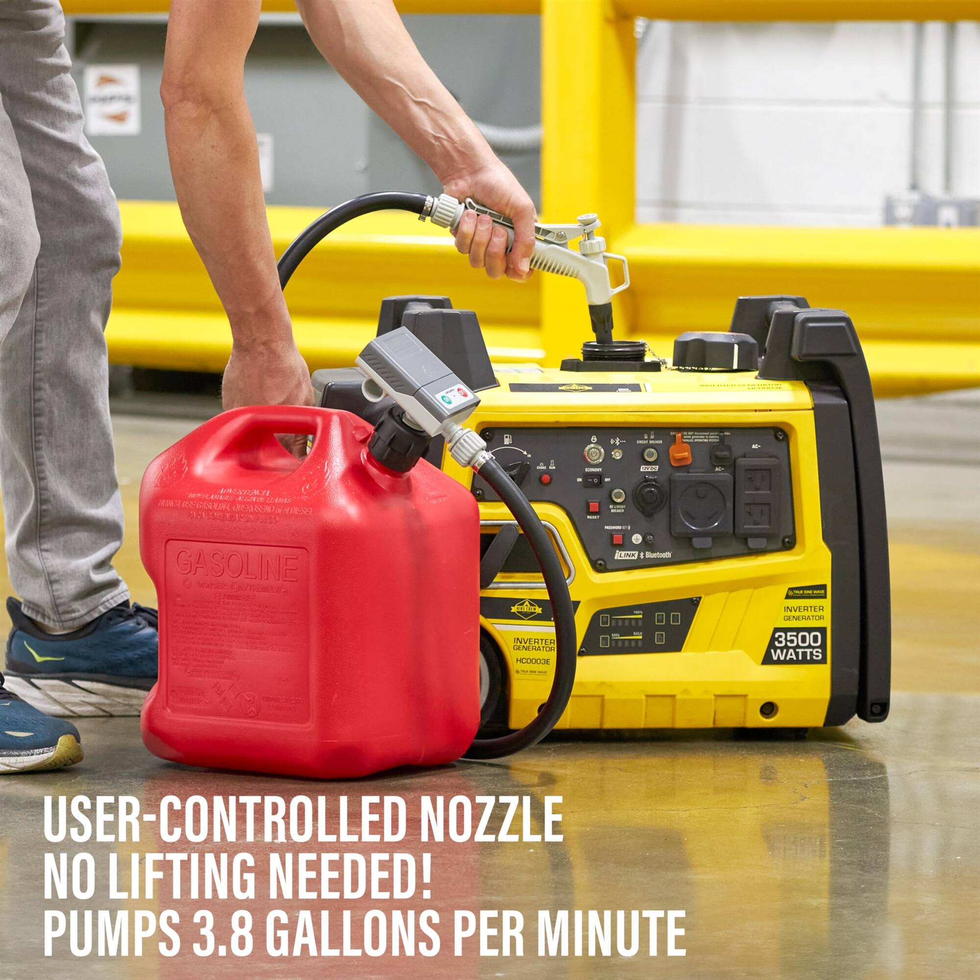 - I C.. ME A na .. R CSA '   :  GASOLINE C bema SROE  E Metat - I - NVERTER NEATO 1 INVERTER DENERATON CE -- 3500 WATTS USER-CONTROLLED NOZZLE NO LIFTING NEEDED! PUMPS 3.8 GALLONS PER MINUTE