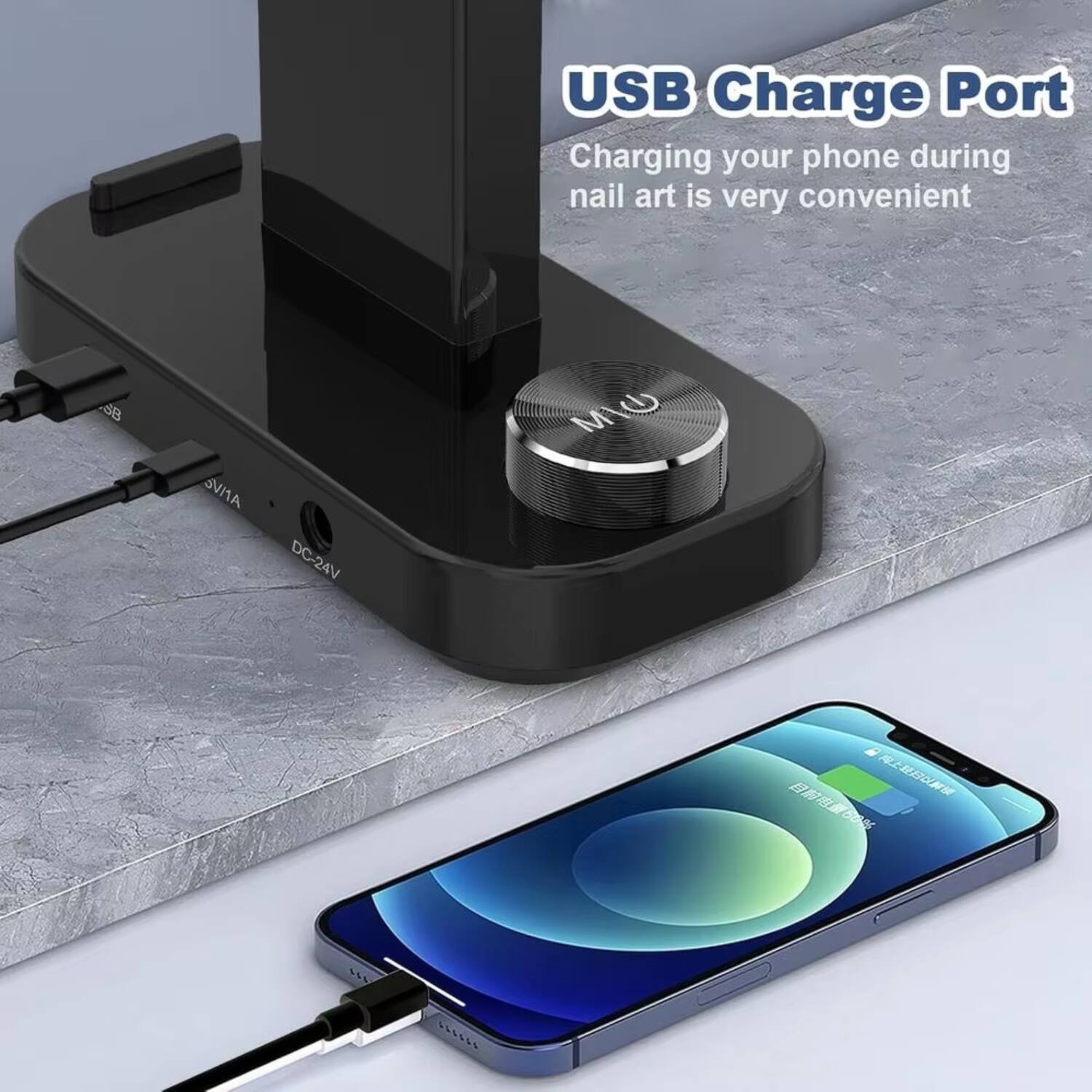 USB Charge Port  
Charging your phone during nail art is very convenient  

USB  
DC-24V  
5V/1A  

56%