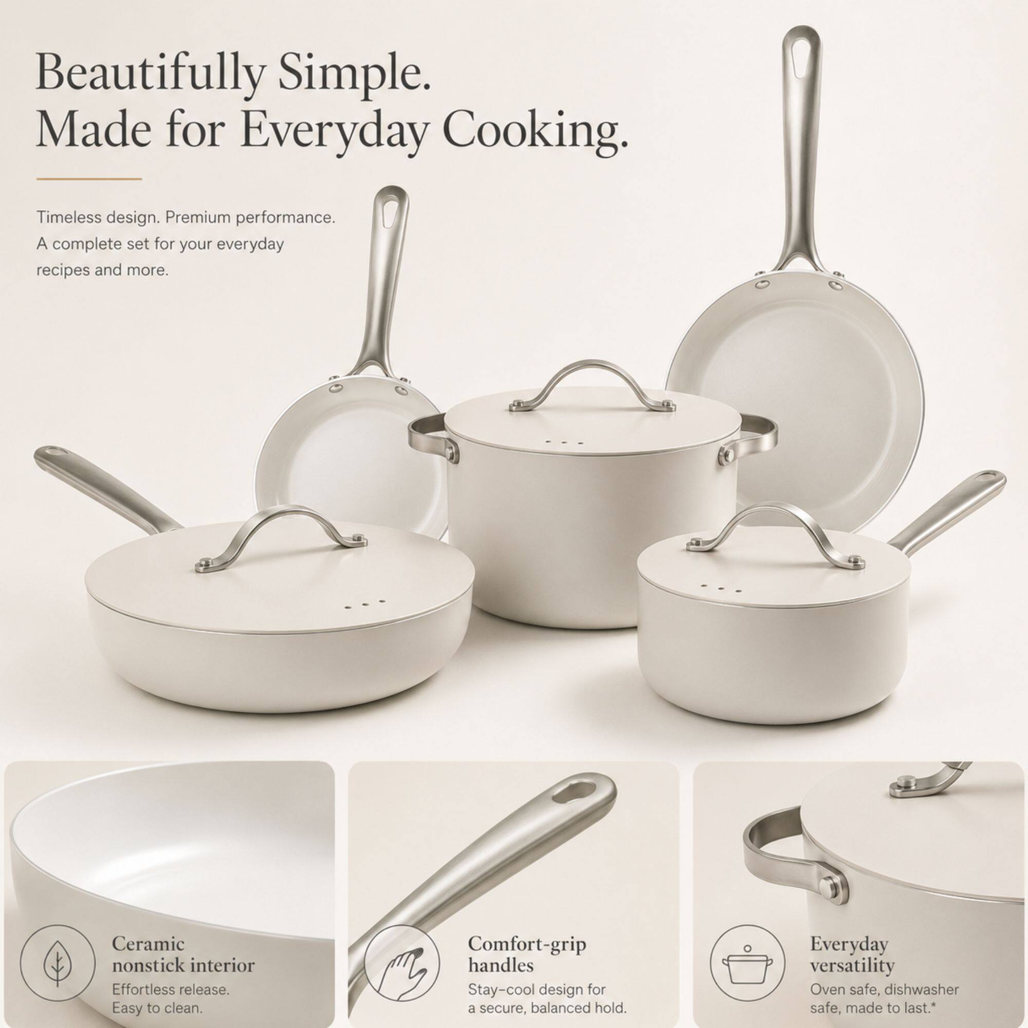Alva Mobi Ceramic Nonstick 8 Piece Cookware Set Cannoli Cream