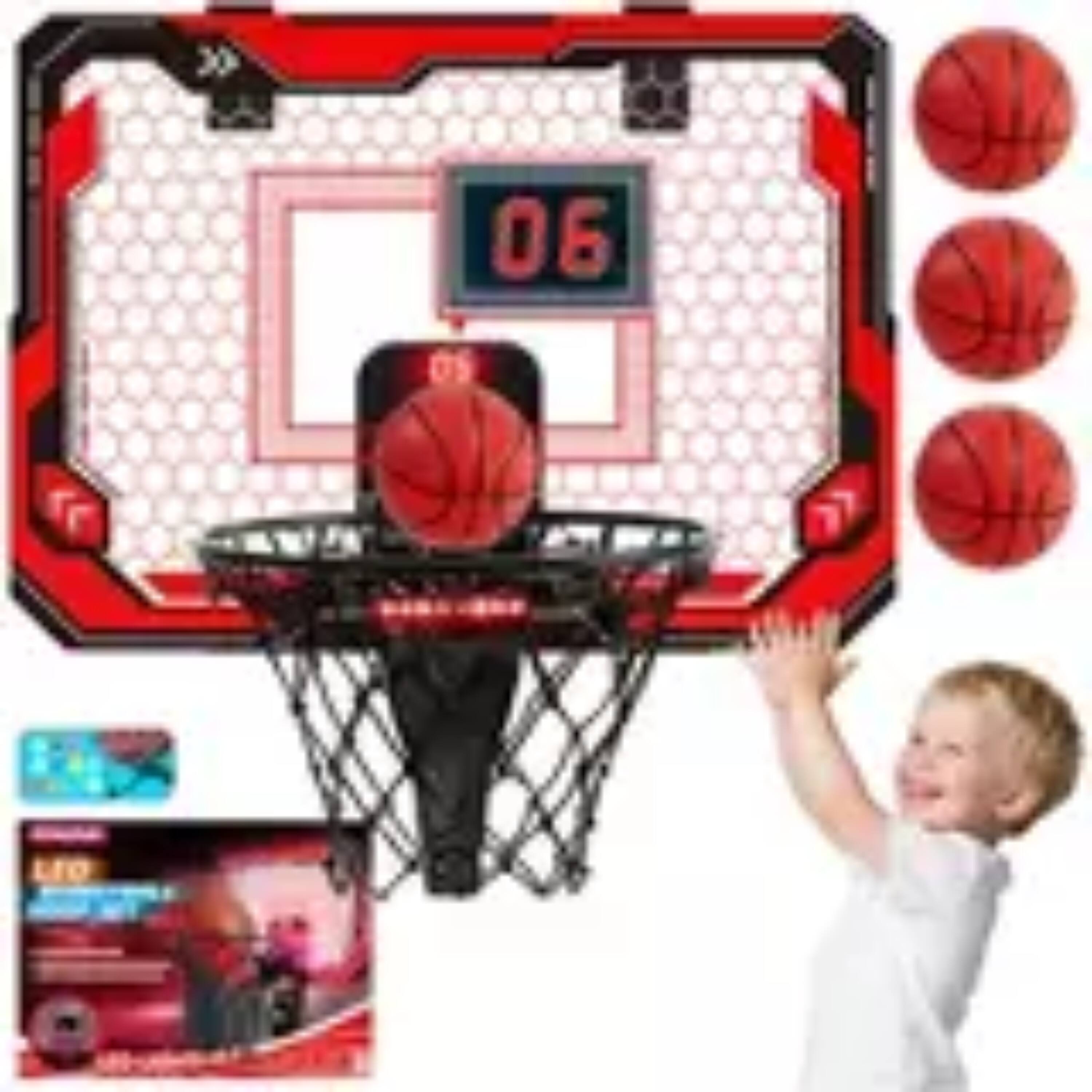 Joyfy - Kid Basketball Hoop Light Up Over The Door With Scoreboard & 4 Balls, Indoor Mini Basketball Hoop Toy Game - Multicolor