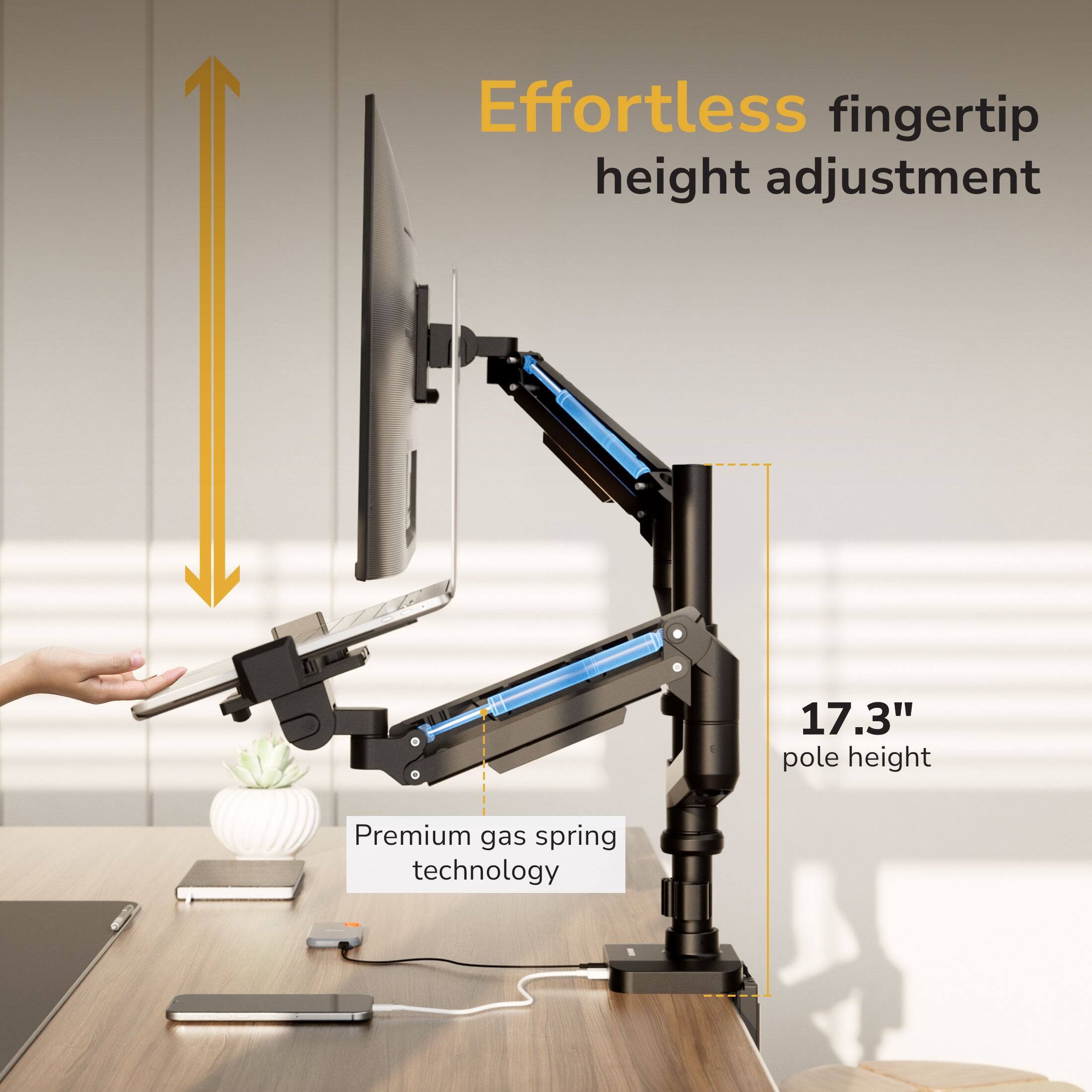 Effortless fingertip height adjustment  
17.3" pole height  
Premium gas spring technology