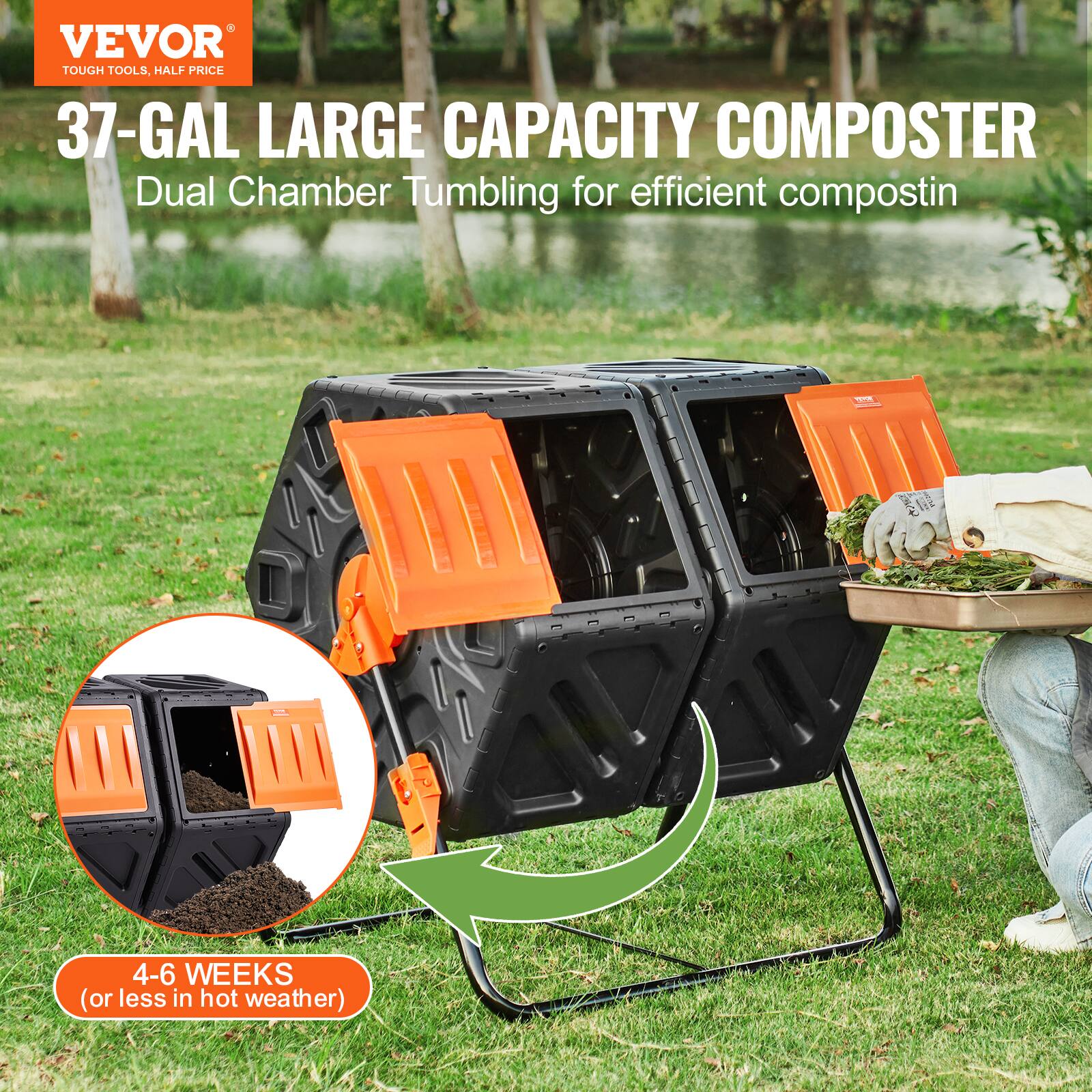 VEVOR TOUGH TOOLS, HALF PRICE 37-GAL LARGE CAPACITY COMPOSTER Dual Chamber Tumbling for efficient compostin 4-6 WEEKS (or less in hot weather)