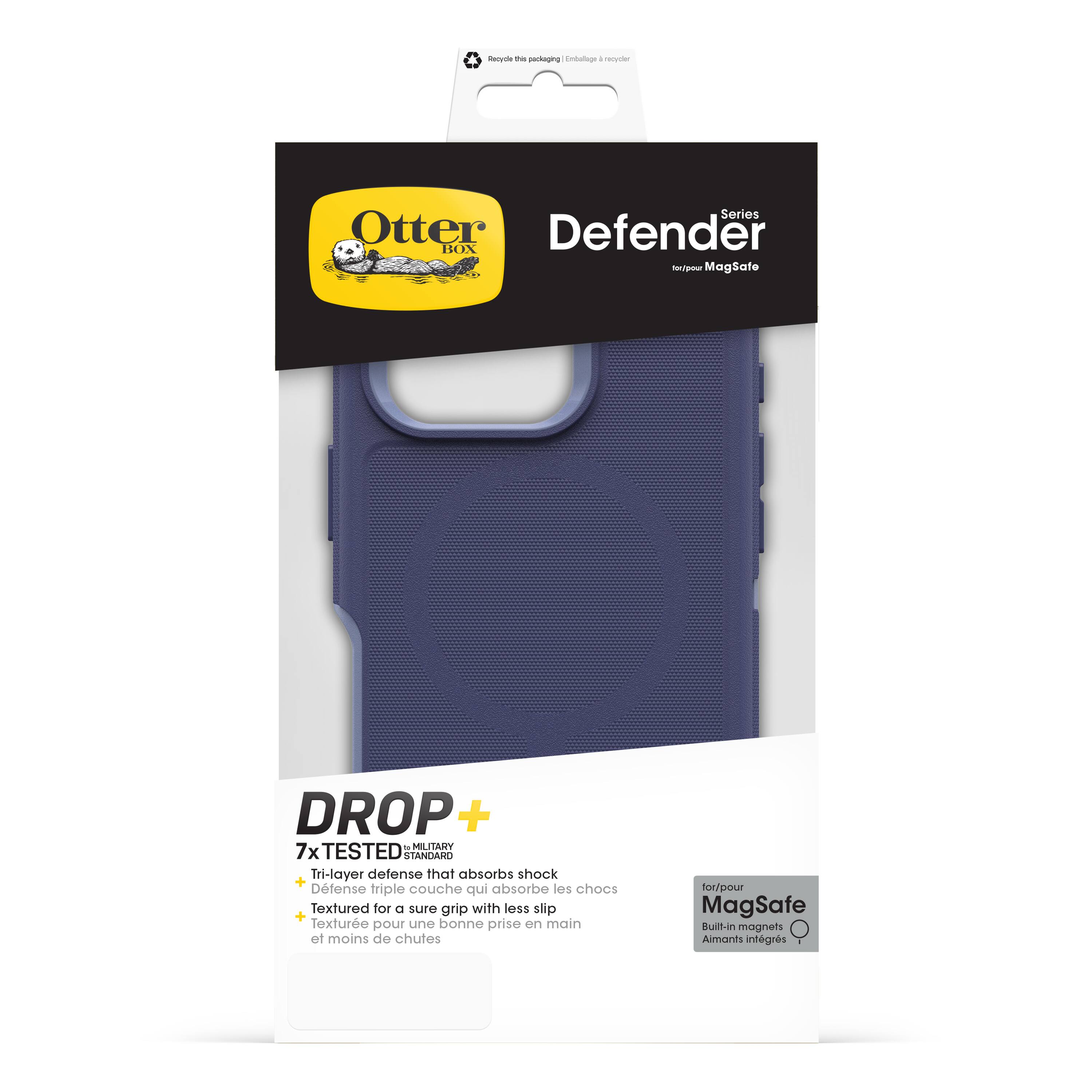 The text on the image reads:

"Otter Defender BOX MagSafe DROP + - MILITARY 7xTESTED STANDARO Tri-layer defense that absorbs shock + Dense triple layer that absorbs shocks Textured for a sure grip with less slip + Textured for a secure grip with less slipping for/pour MagSafe Rugged-in magnets."