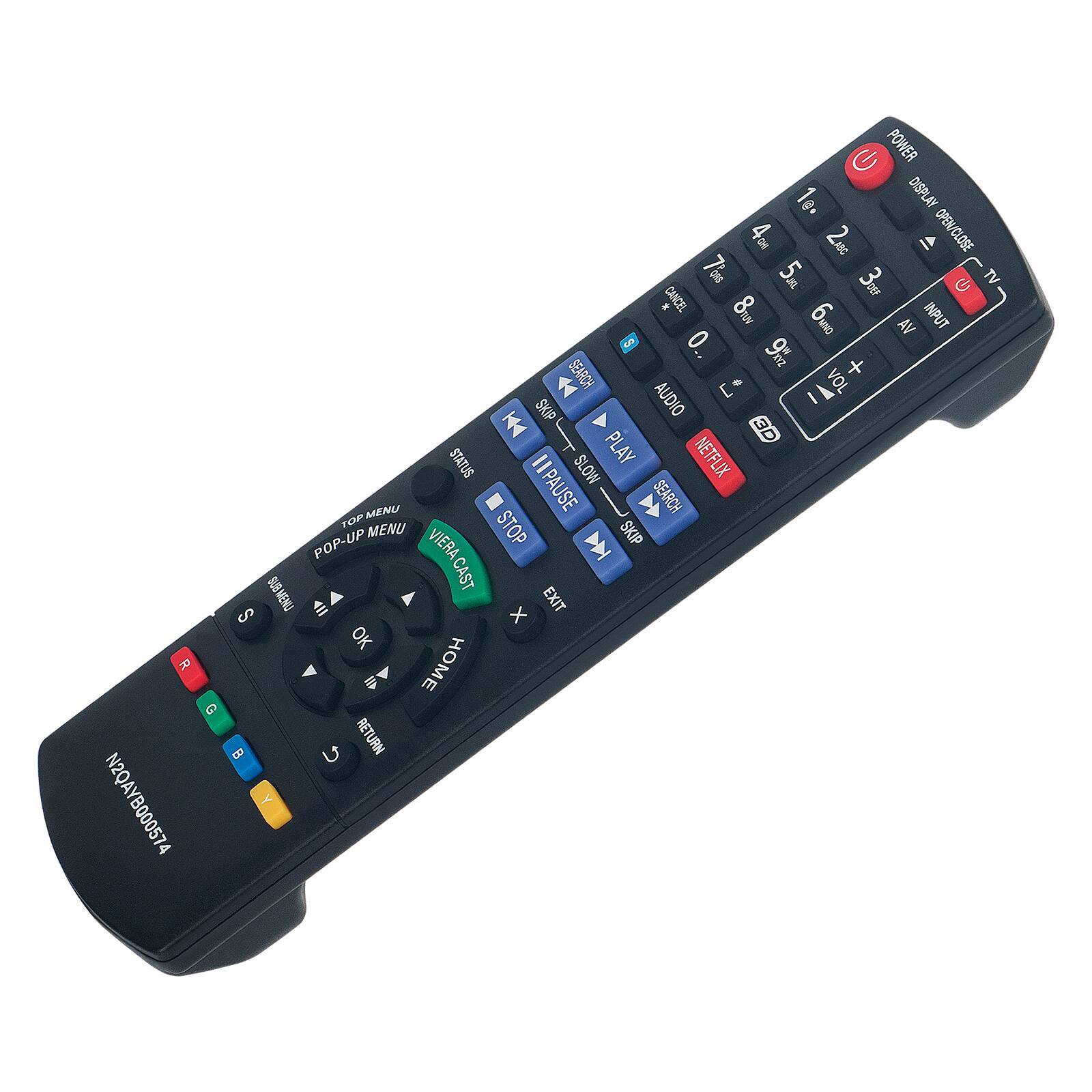 Sure, here is the corrected and grouped text from the image:

**Top Section:**
- POWER
- DISPLAY
- 1
- 2
- 3
- 4
- 5
- 6
- 7
- 8
- 9
- 0
- . (decimal point)
- INPUT
- TV
- AV
- CANCEL
- OPEN/CLOSE
- M
- 7: % (battery indicator)
- 2uc
- ABC
- G
- T
- 3. (period)
- 8
- 9
- 20
- SEAROH (SEARCH)
- A
- VOL
- AUDIO
- I
- SKIP
- DE
- STATUS
- PLAY
- NETFLIX
- PAUSE
- SLOW
- MENU
- STOP
- POP-UP
- VIERA CAST
- SUB
- MEND
- EXIT
- S
- x
- OK
- W
- HOME
- B
- U
- RETURN
- Y

**Middle Section:**
- SEARCH
- AUDIO
- PLAY
- PAUSE
- STOP
- SLOW