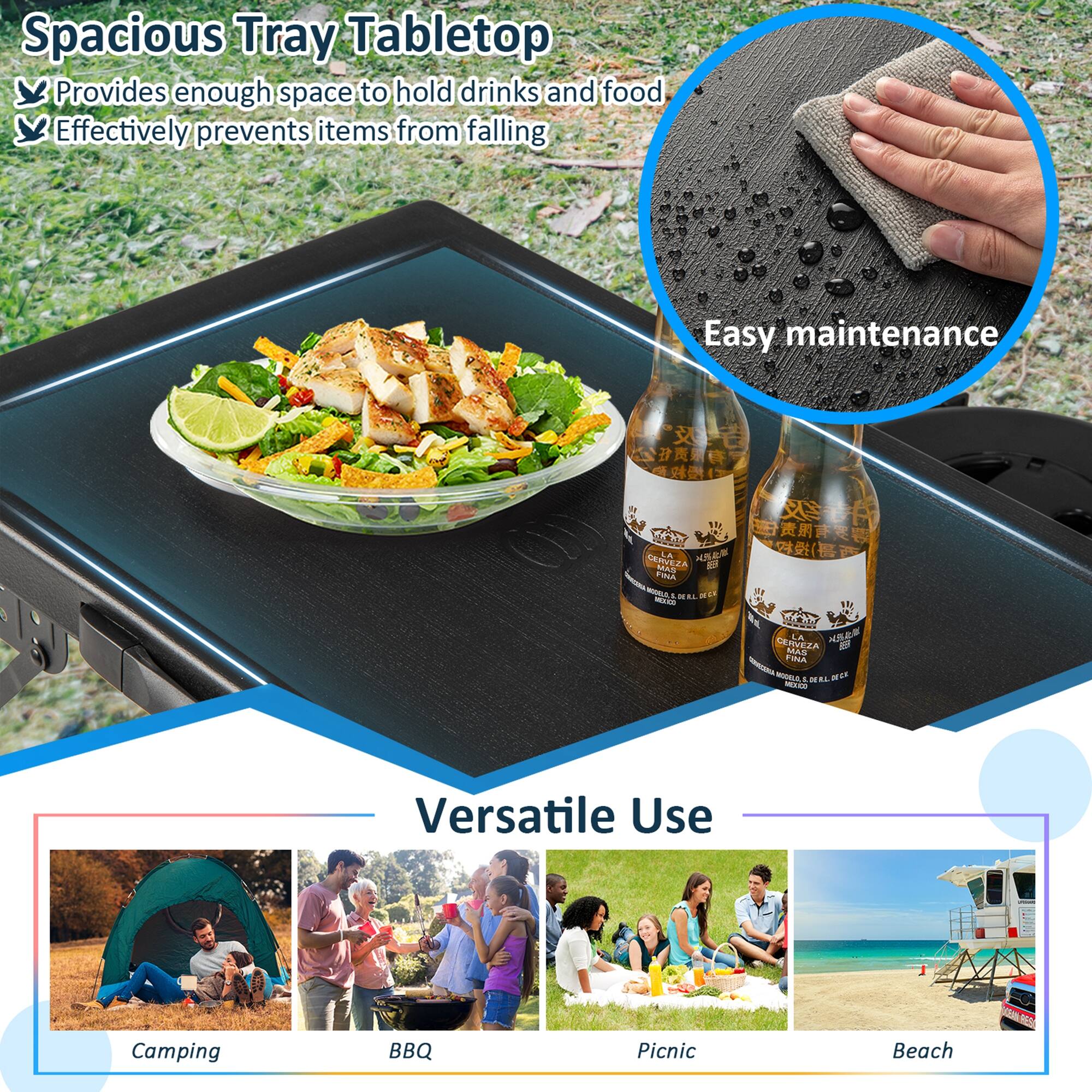 Spacious Tray Tabletop: Provides enough space to hold drinks and food, effectively prevents items from falling, and is easy to maintain. Versatile Use: Camping, BBQ, Picnic, Beach.