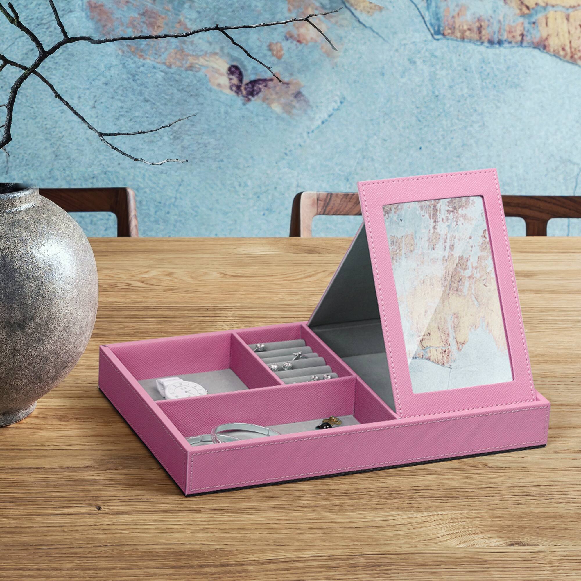 Alt View 2. Oumilen - Pink Faux Leather Jewelry Box with Fold-Out Mirror, Multi-Compartment Organizer Tray for Rings Earrings Necklace - Pink.