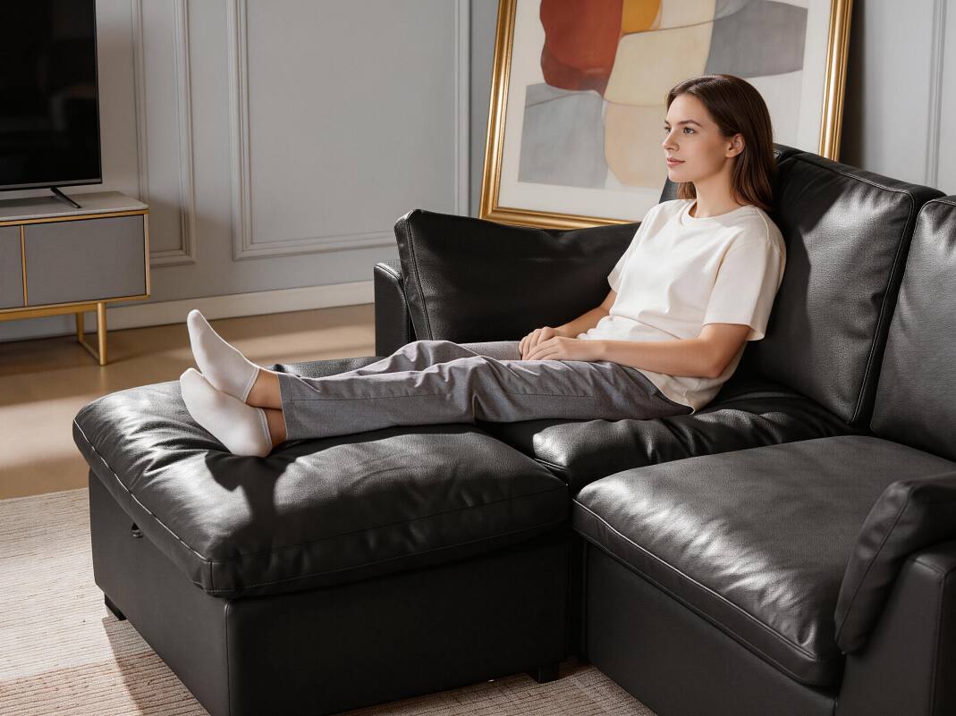 Alt View 6. Dyonery - 120"  PU Sofa, ideal for family living rooms, modern L-shaped sectional sofa with convertible ottoman, modular sofa. - Black.
