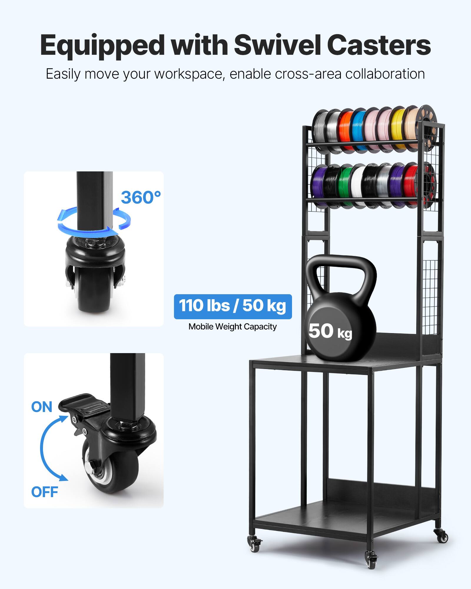 Equipped with Swivel Casters  
Easily move your workspace, enable cross-area collaboration  

360°  

110 lbs / 50 kg  
Mobile Weight Capacity  

50 kg  

ON  
OFF