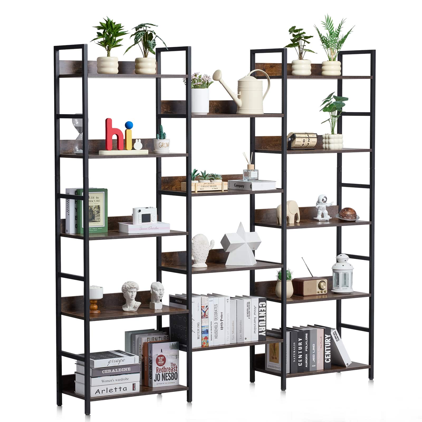 VEVOR - Triple Metal Bookshelf, 14-Tier Industrial Bookshelf, Large Rustic Vintage Storage Bookcase with Open Shelves - Brown