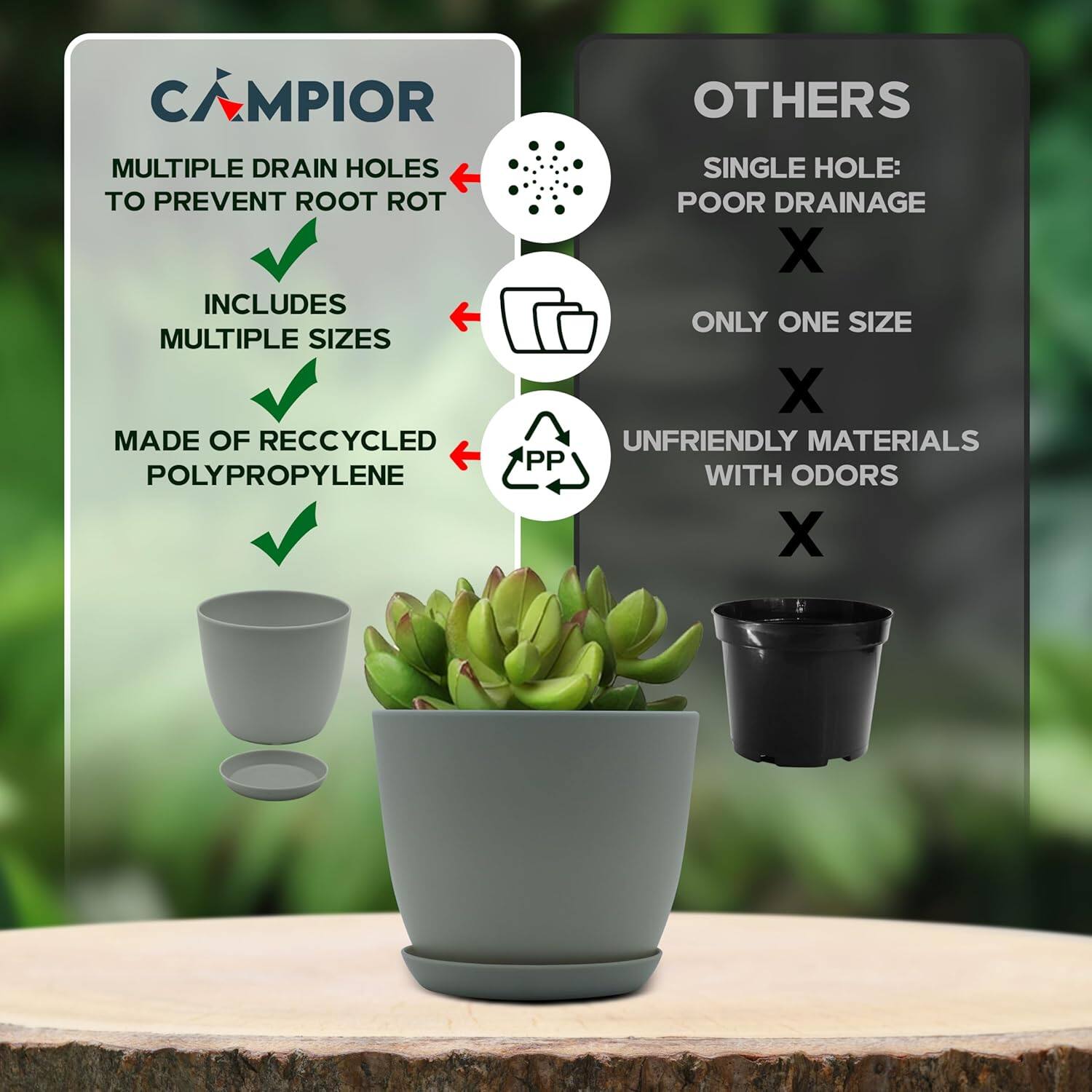 CAMPIOR:
- Multiple drain holes to prevent root rot
- Includes multiple sizes
- Made of recycled polypropylene

OTHERS:
- Single hole: Poor drainage
- Only one size
- Unfriendly materials with odors