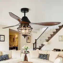 Parrot Uncle - 52" Farmhouse Brown Crystal Chandelier Ceiling Fan with Remote Control - Black