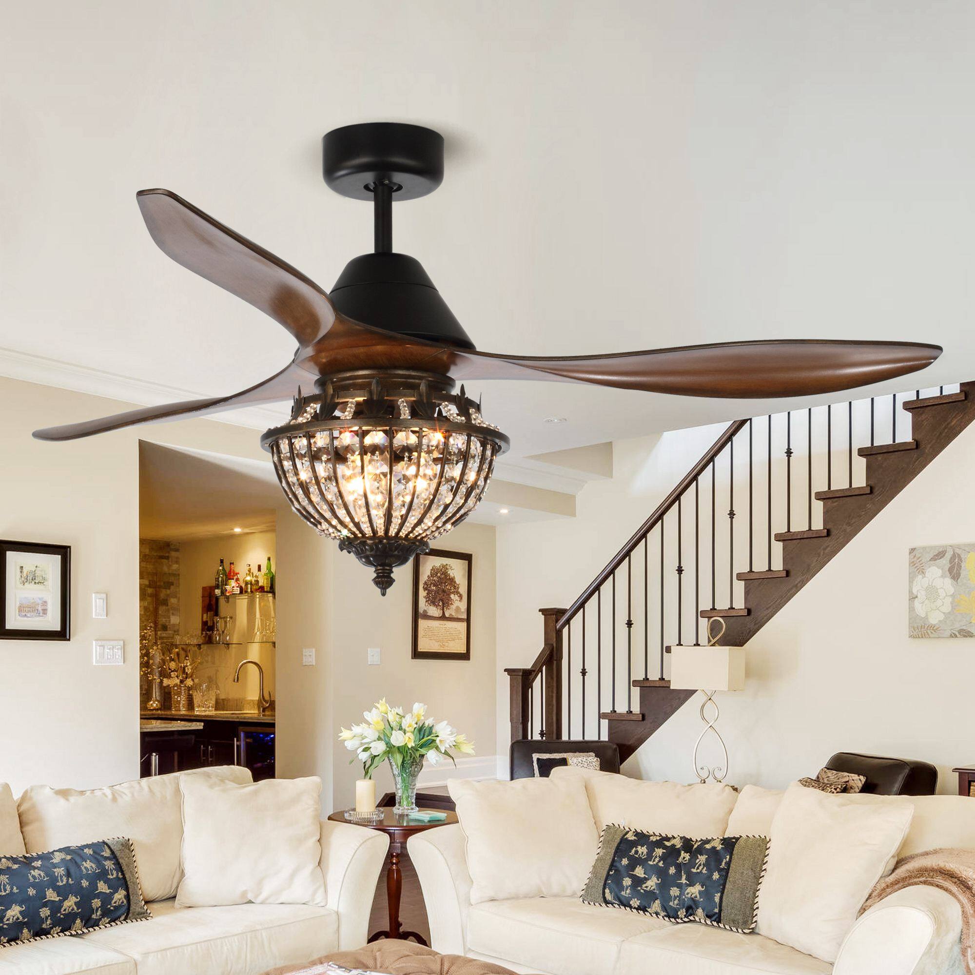 Front. Parrot Uncle - 52" Farmhouse Brown Crystal Chandelier Ceiling Fan with Remote Control - Black.