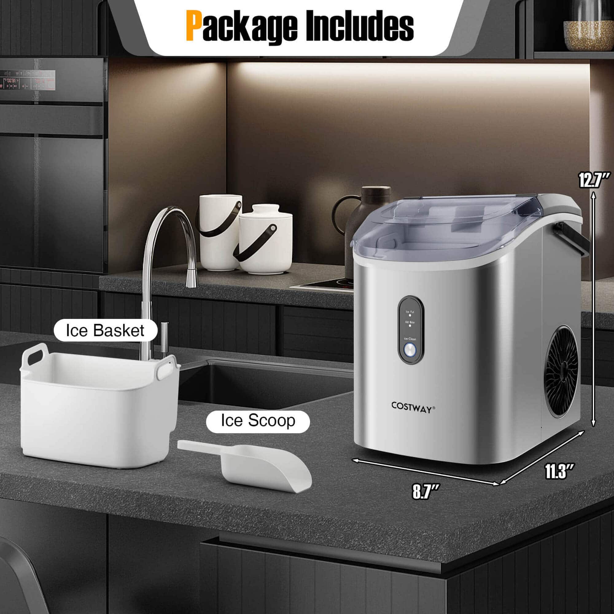 Package Includes: 12.7" Ice Basket, Ice Scoop, and COSTWAY Ice Maker.
