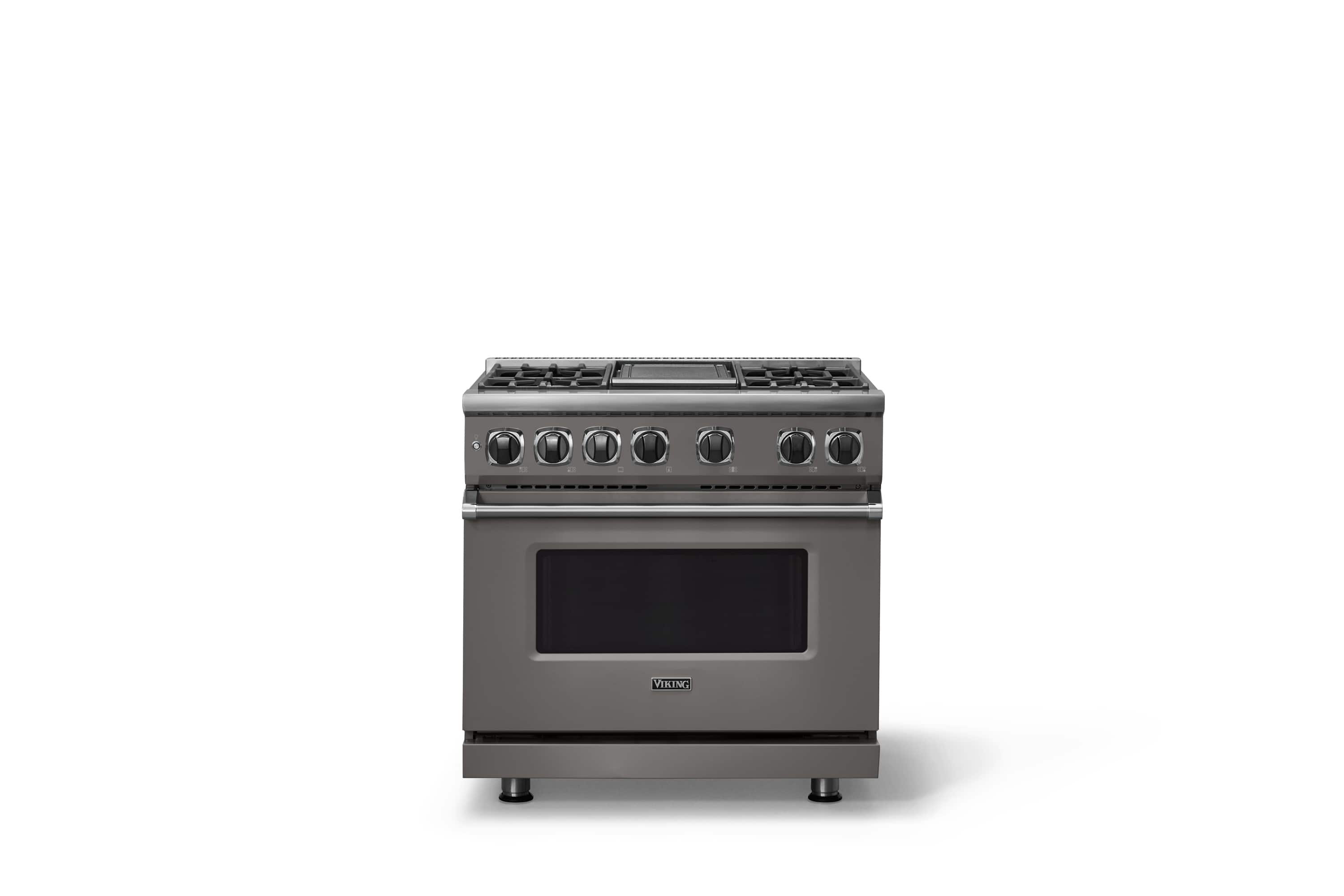 Front. Viking - 36 in. Wide 4 Burner Freestanding 7 Series Dual Fuel Self-Clean Range - Damascus Gray.