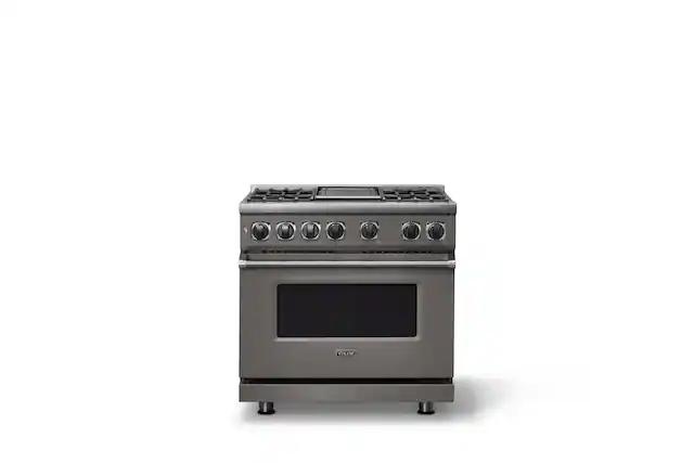 Front. Viking - 36 in. Wide 4 Burner Freestanding 7 Series Dual Fuel Self-Clean Range - Damascus Gray.