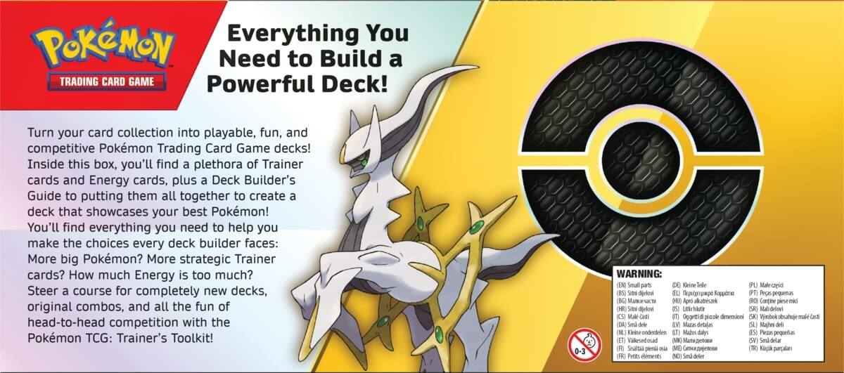 **Pokémon Trading Card Game**

**Everything You Need to Build a Powerful Deck!**

Turn your card collection into playable, fun, and competitive Pokémon Trading Card Game decks! Inside this box, you'll find a plethora of Trainer cards and Energy cards, plus a Deck Builder's Guide to putting them all together to create a deck that showcases your best Pokémon! You'll find everything you need to help you make the choices every deck builder faces: More big Pokémon? More strategic Trainer cards? How much Energy is too much? Steer a course for completely new decks, original combos, and all the fun of head-to-head competition with the Pokémon TCG: Trainer's Toolkit!

**WARNING:**

- (EN) Small parts. Not for children under 3 years.
- (DE) Kleine Teile. Nicht für Kinder unter 3 Jahren geeignet.
- (FR) Petites pièces. Ne convient pas aux enfants de moins de 3 ans.
- (IT) Piccoli pezzi. Non adatto ai minori di 3 anni.
- (ES) Piezas pequeñas. No apto para menores de 3 años.
- (PT) Peças pequenas. Não adequado para crianças menores de 3