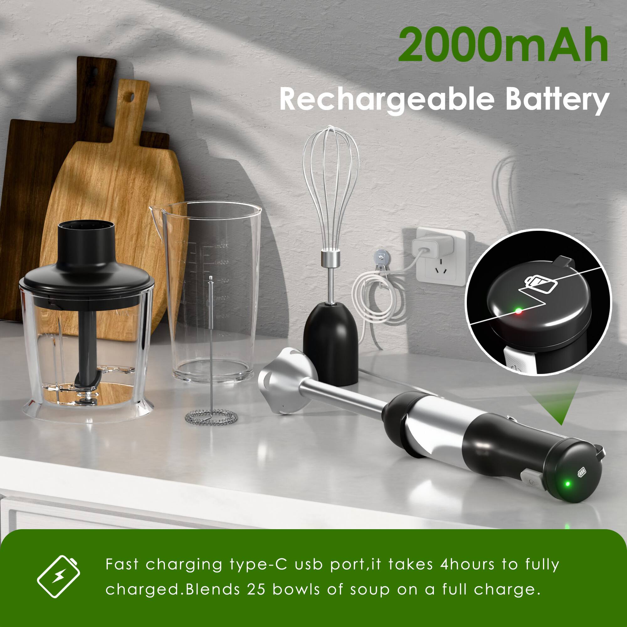 2000mAh Rechargeable Battery
Fast charging type-C USB port, it takes 4 hours to fully charged. Blends 25 bowls of soup on a full charge.