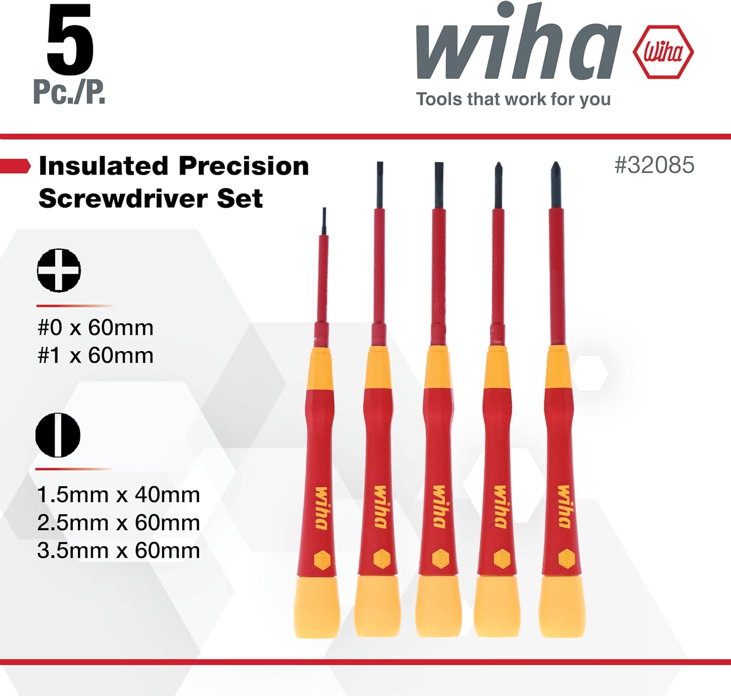 5 Pc./P. wiha Wiha Tools that work for you Insulated Precision Screwdriver Set #32085 + #0 X 60mm #1 X 60mm 1.5mm X 40mm 2.5mm X 60mm 3.5mm X 60mm