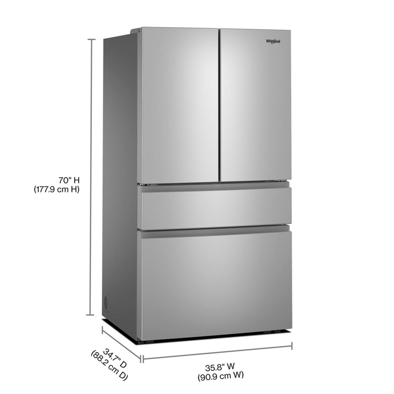 Whirlpool 70" H (177.9 cm H) 34.7" D (88.2 cm D) 35.8" W (90.9 cm W)