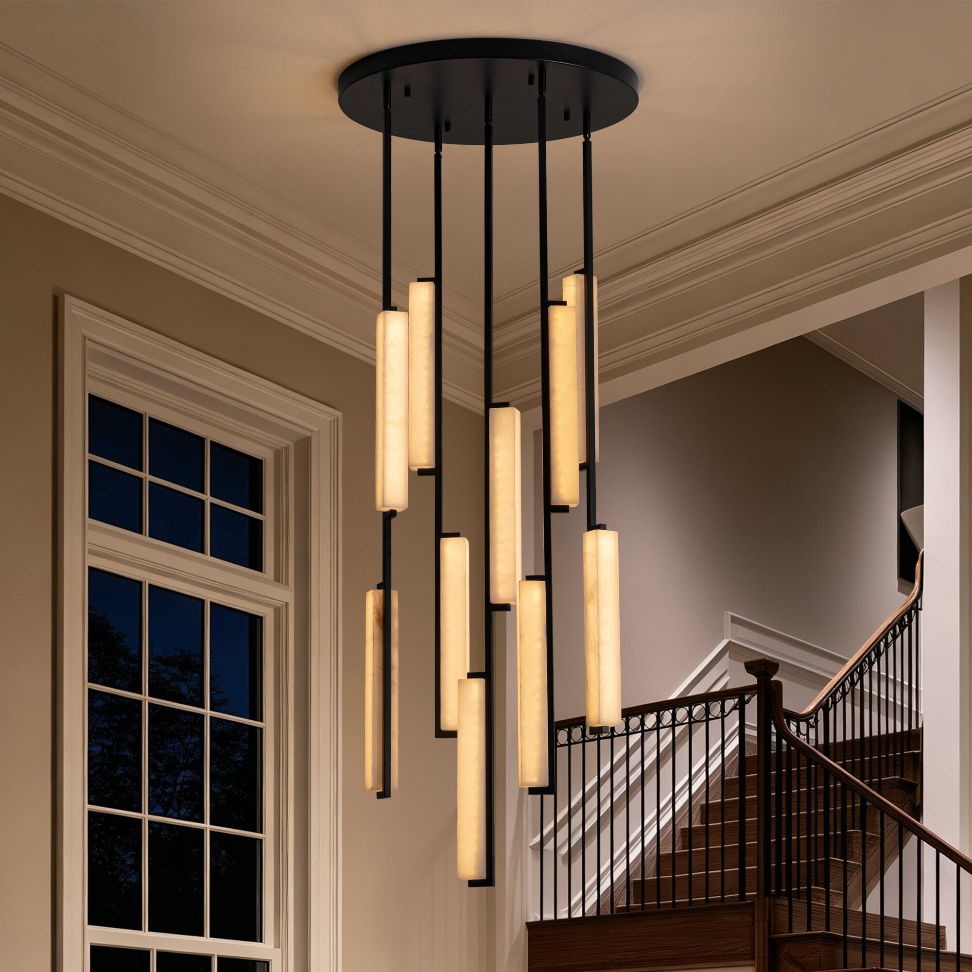Angle. Siljoy - 24 In Black Alabaster 10-Light LED Staircase Chandelier, 3 Color Changing, for Living Room and High Ceiling Foyer - Black.