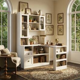 Famapy - Study Desk with Tall Storage Cabinet – Vintage Student Writing Table with Drawers & Bookshelf for Bedroom, Dorm - White