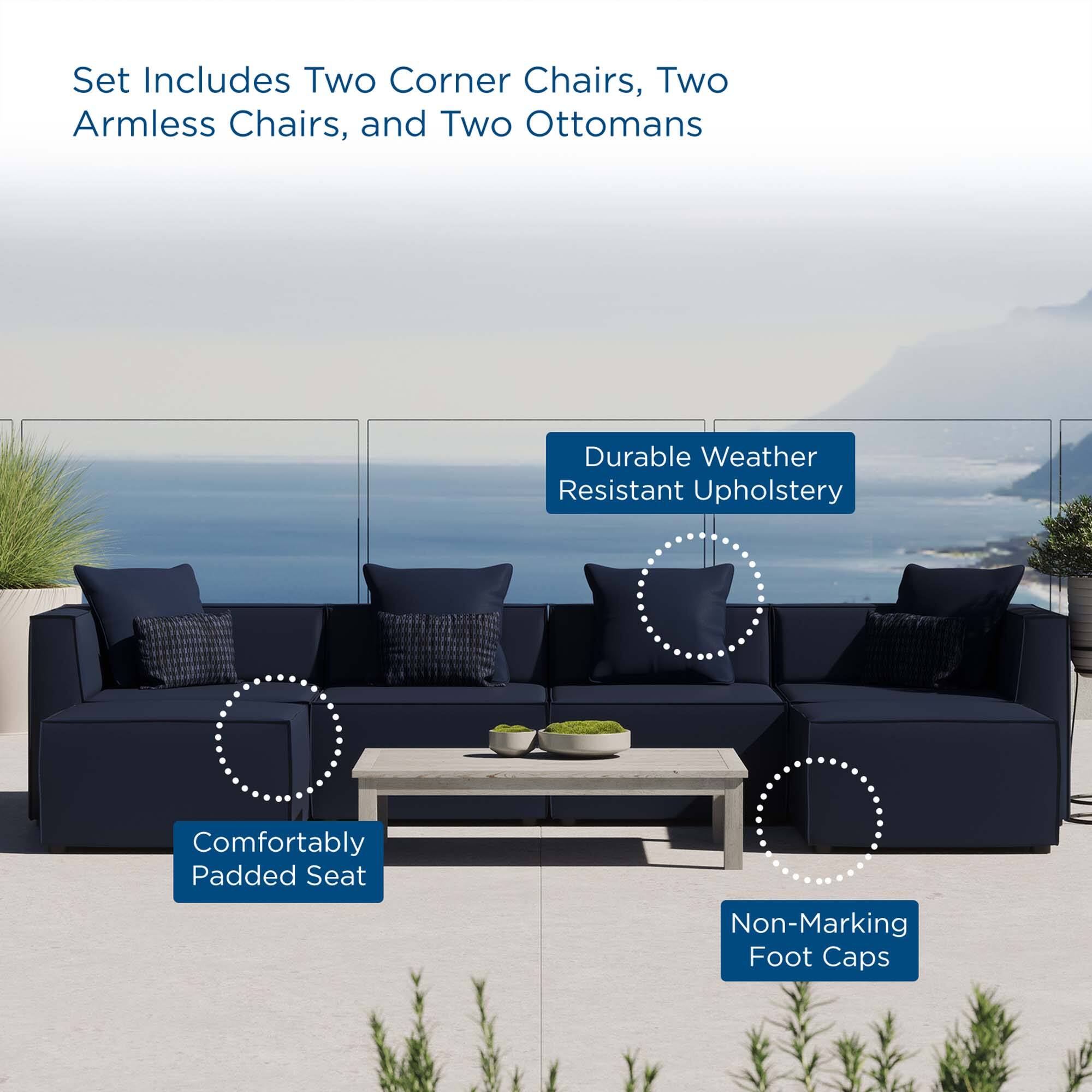 Set Includes Two Corner Chairs, Two Armless Chairs, and Two Ottomans

- Durable Weather Resistant Upholstery
- Comfortably Padded Seat
- Non-Marking Foot Caps
