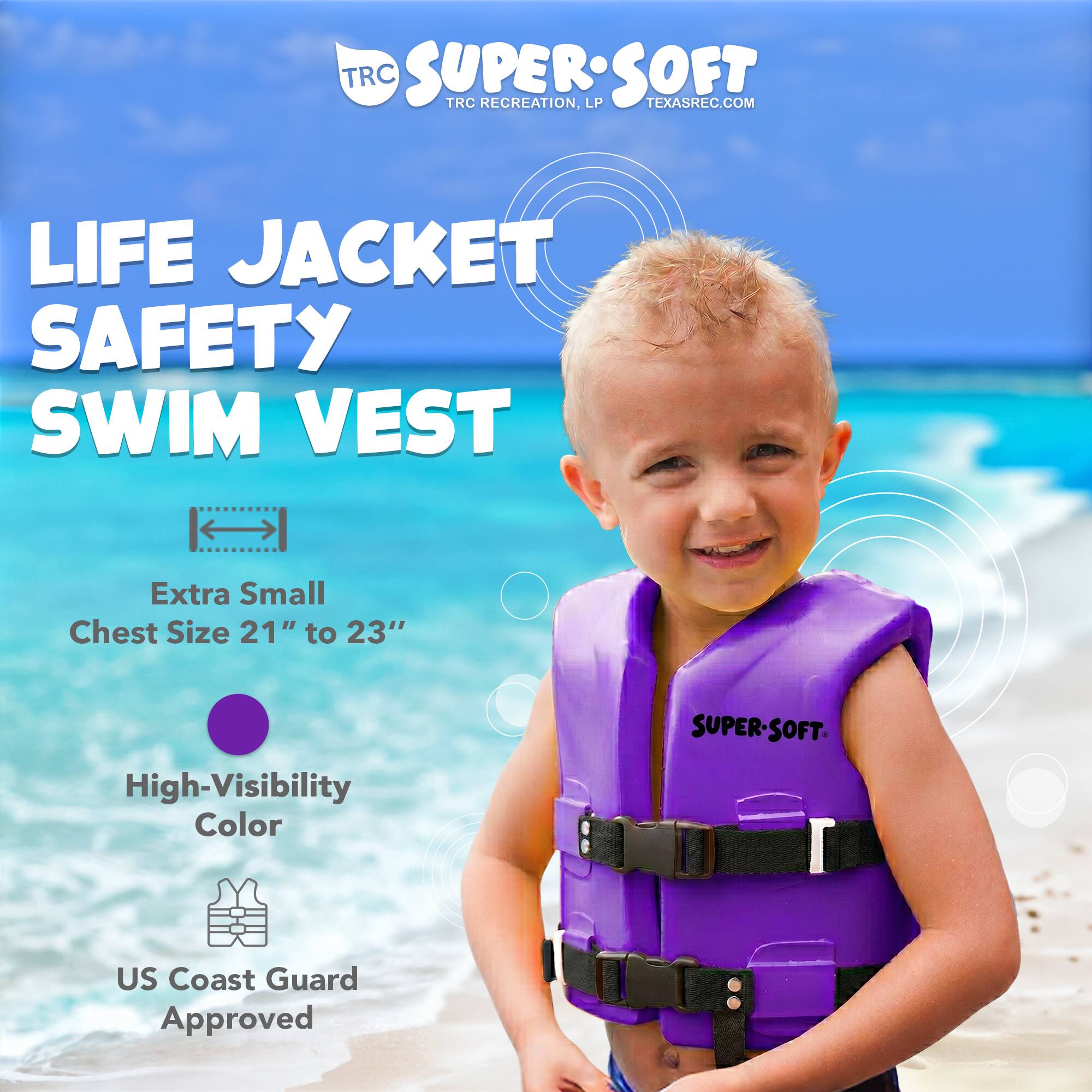 TRC SUPERSOFT TRC RECREATION, LP TEXASREC.COM LIFE JACKET SAFETY SWIM VEST Extra Small Chest Size 21" to 23" High-Visibility Color SUPER-SOFT. US Coast Guard Approved