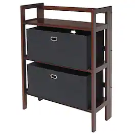 Winsome Wood - Torino 3-Pc Storage Shelf with 2 Foldable Fabric Baskets - Walnut/Black