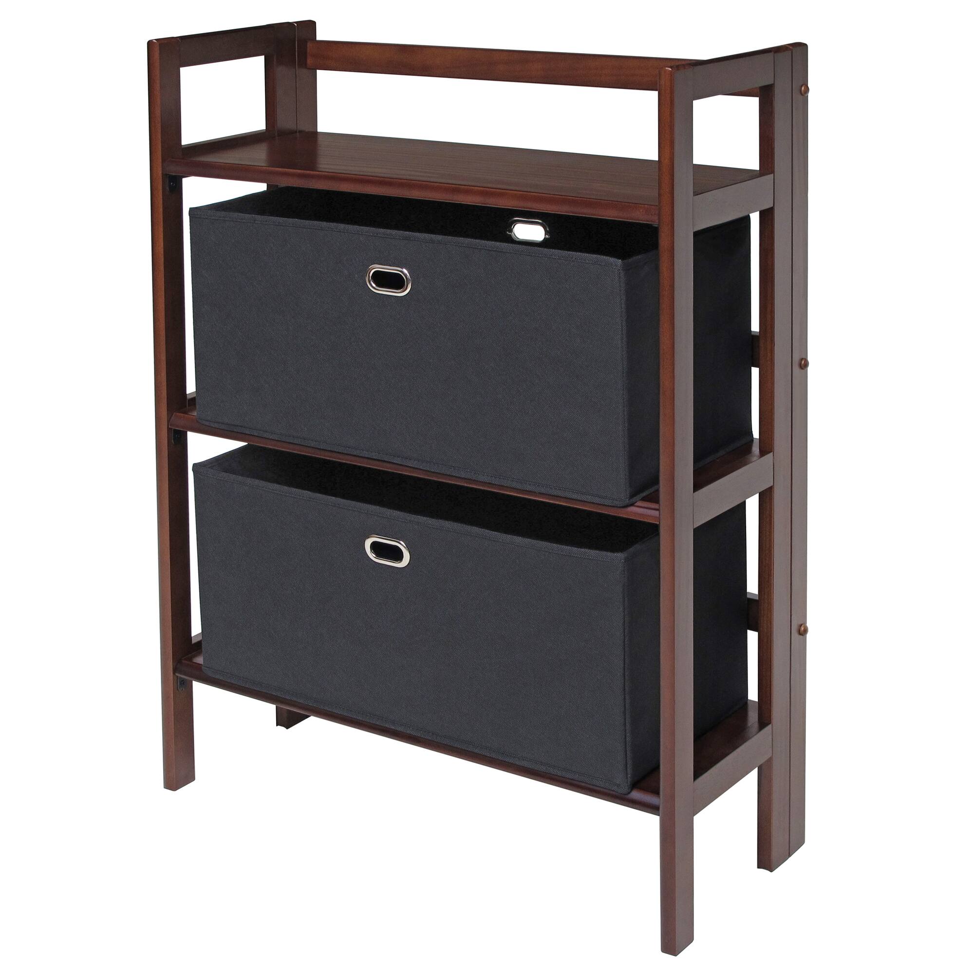 Front. Winsome Wood - Torino 3-Pc Storage Shelf with 2 Foldable Fabric Baskets - Walnut/Black.