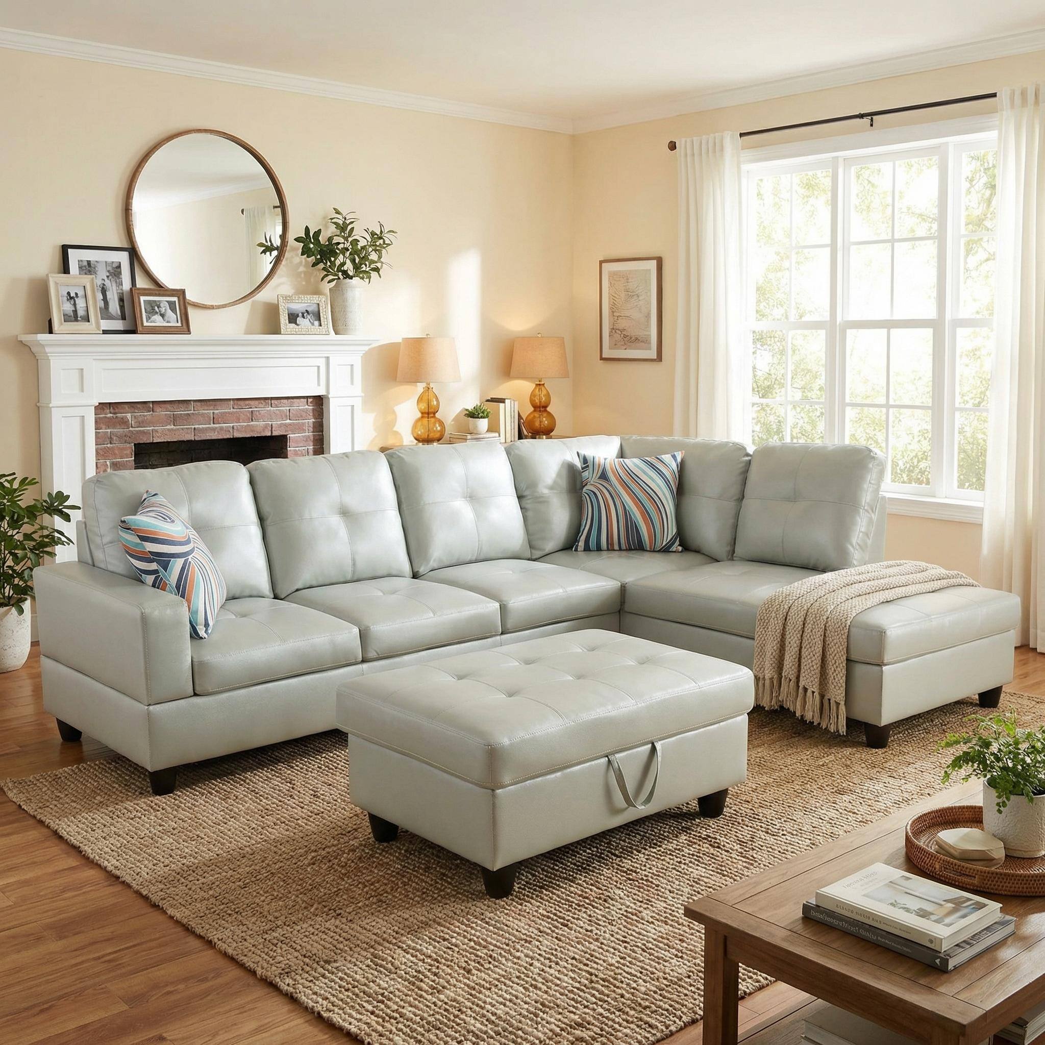 Boyel Living Premium Semi PU Upholstered Sofa Solid Wood Frame Double ...