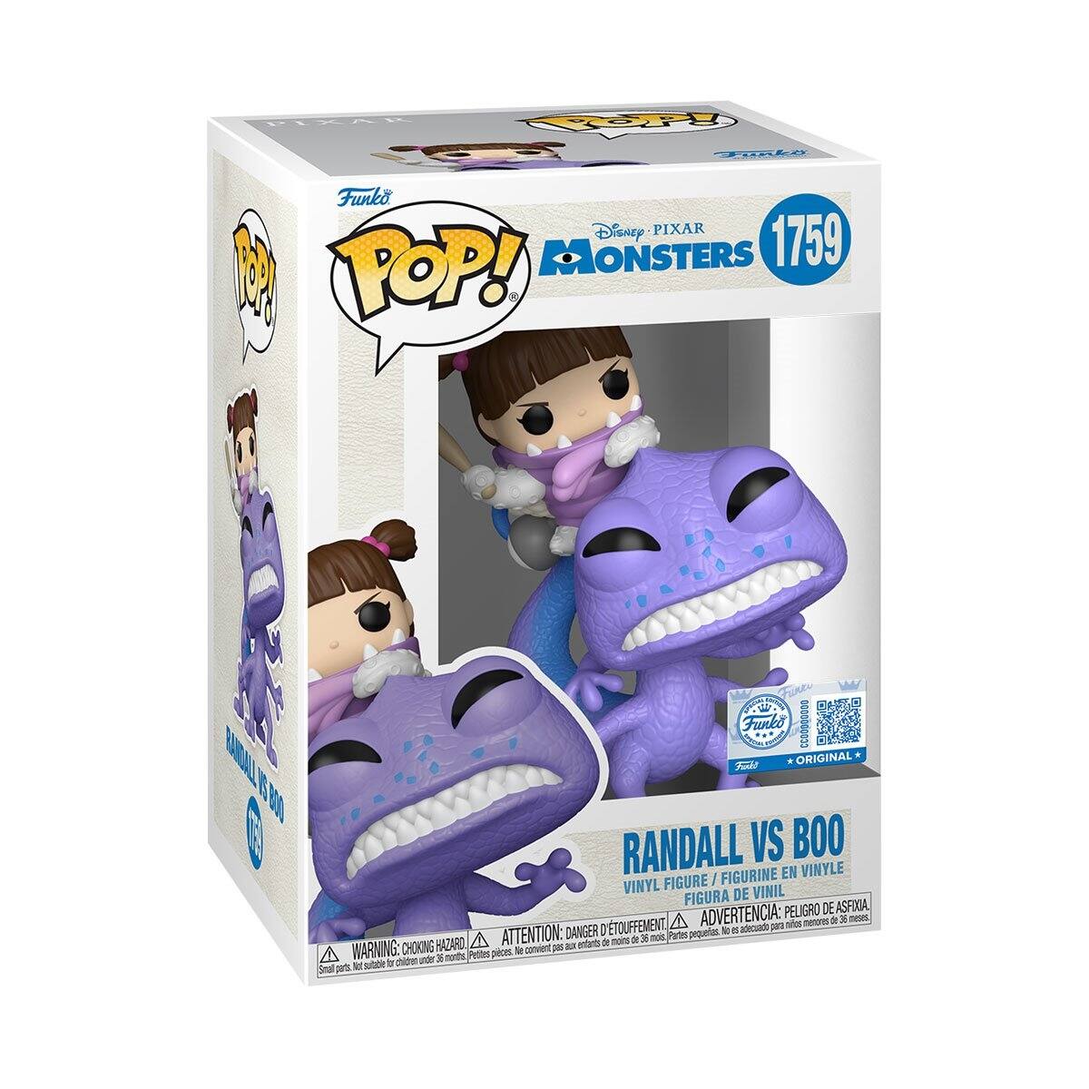 PIXAR  
POP! Funko  
Funko Disney PIXAR MONSTERS 1759 POP!  
ARTUGAR Furko CCOOOOOOOO Funkt * ORIGINAL RANDALL VS BOO FIGURINE EN VINYLE VINYL FIGURE VINIL FIGURA DE ADVERTENCIA: PELIGRO DE ASFIXIA, menores de 36 meses, TOUFFEMENT adecuado para niños ATTENTION: DANGER I Partes, pequerias. to as A entants de moins de 36 mos, WARNING: CHOKING HAZARD le convient pas aux M nonths, Pettes peces. children under 36 sutable for Small parts