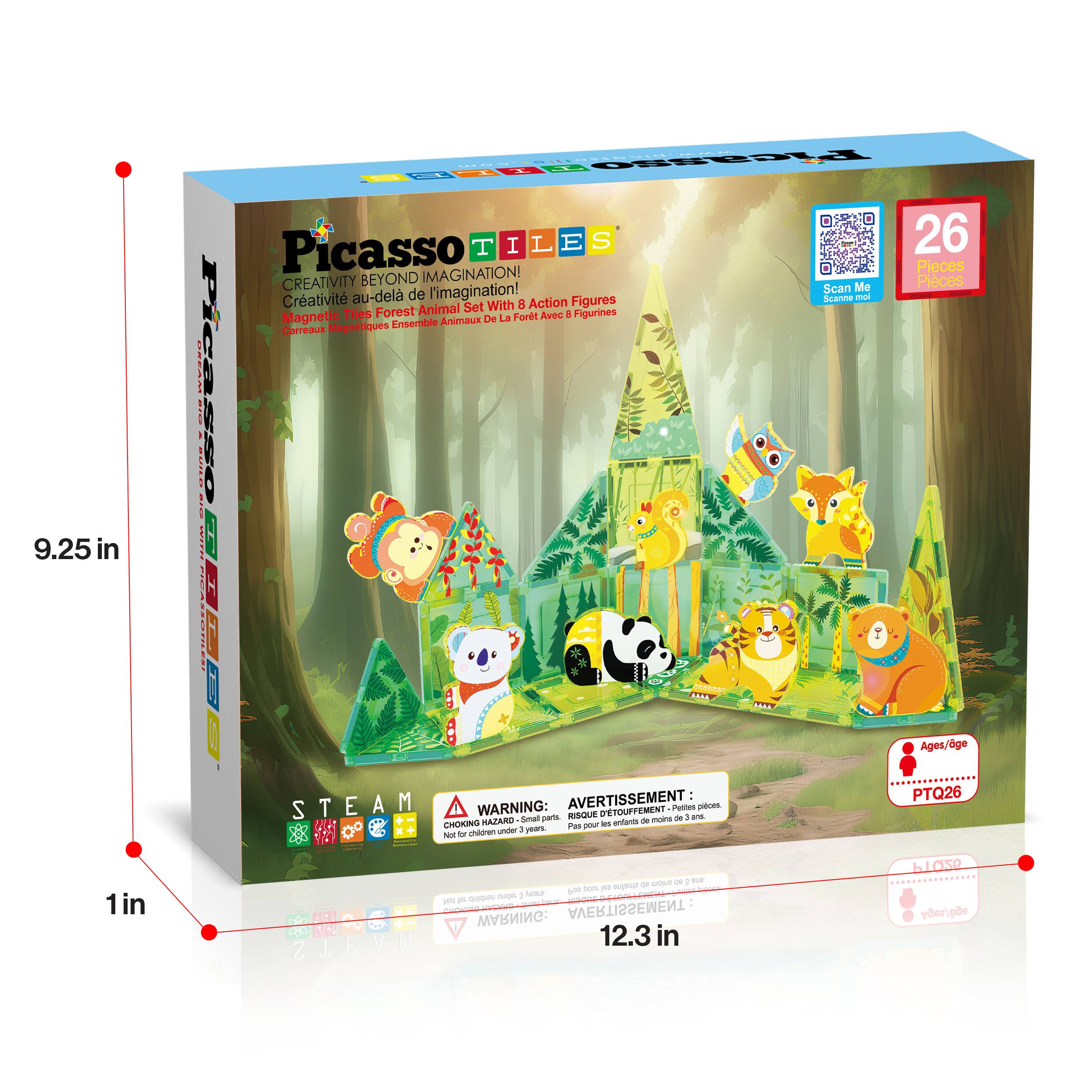 9.25 in | Picasso Tiles 26 Pieces Creativity Beyond Imagination! Scan Me! Set With 8 Action Figures Magnetic Forest Animal Tiles Ensemble Carreaux Avec 8 Figurines Animaux De La Forêt Magnétiques Ages, PTQ26

12.3 in

STEAM

WARNING: CHOKING HAZARD - Small parts. Not for children under 3 years.

AVERTISSEMENT: RISQUE D'ÉTOUFFEMENT - Petits pièces. Pas pour les enfants de moins de 3 ans.