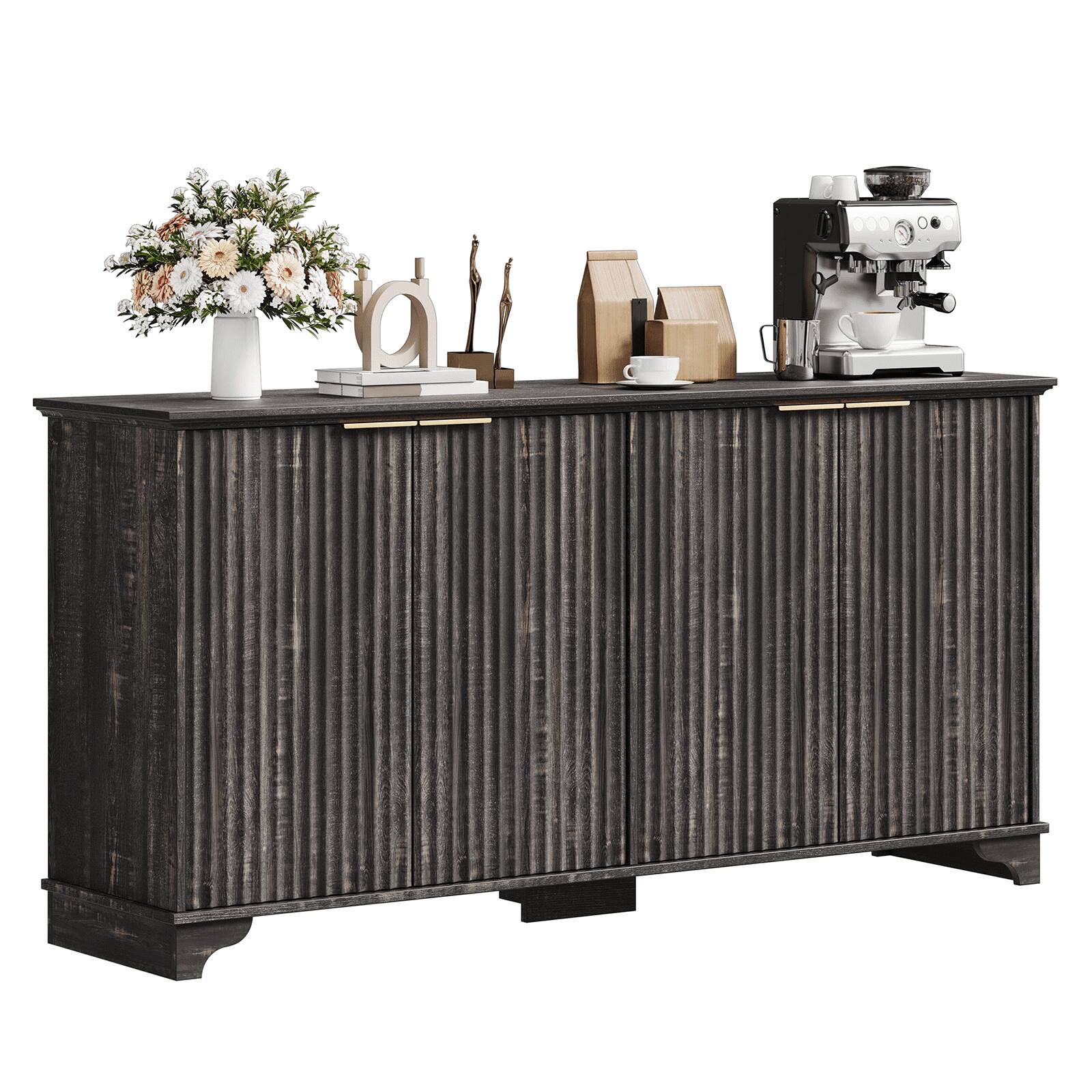 Front. GARVEE - Black 61-Inch Modern Fluted Buffet Cabinet, 4-Door Wooden Sideboard with Adjustable Shelves, Modern Storage - Black.